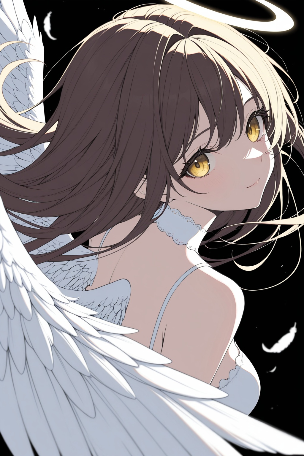 masterpiece, best quality,high quality, newest, highres,8K,HDR,absurdres ,fly illu,flat color, lineart, thick outlines, solo, 1girl, yellow eyes, brown hair,eyelashes, long hair, hair intakes, straight hair, tareme, light smile, breasts, wings, angel wings, feathered wings,floating hair, looking at viewer, simple background,upper body, black background, foreshortening, dynamic pose, blurry foreground, depth of field,