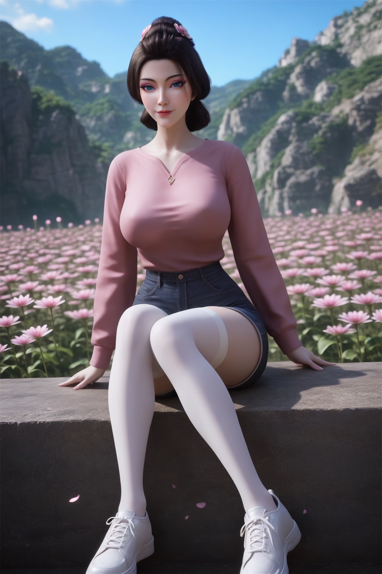 fanjingmei,<lora:fanjingmeiXL:0.6>,score_9,score_8_up,score_7_up,32K UHD,8k,4k,best quality,extremely detailed cg 8k wallpaper,ultra-detailed,masterpiece,sharp focus,unconventional supreme masterpiece,masterful details,temperate atmosphere,with a high-end texture,luxurious sharp focus,intense,dynamic cinematic color,located artistic,Fashion and art,elegant and sophisticated,innovative use of light and shadow,decorative,allegorical,symbolic,with a high-end texture,day,sky,outdoors,flower,flower field,petals,sitting,pale skin,1girl,solo,big breasts,looking at viewer,sweatshirt,thighhighs,shorts,shoes,