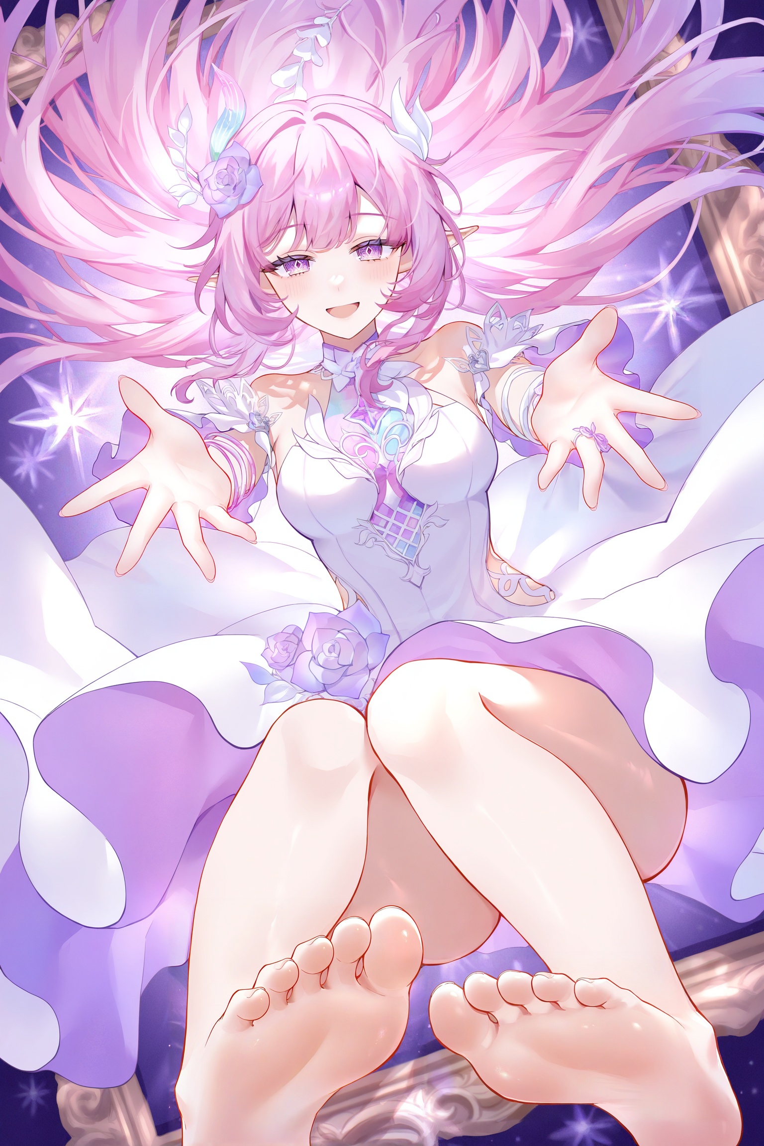 <lora:光辉V1昔涟角色V2:0.8>,xiliajn,1girl,solo,flower,long hair,pink hair,hair ornament,bare shoulders,pointy ears,dress,white dress,pink eyes,purple eyes,elf,hair flower,rose,jewelry,purple flower,white flower,diamond-shaped pupils,<lora:n11espJIMA中后期画风0.1版本XL:0.8>,iahhqxlhf,foreshortening,full body,smile,open mouth,:d,knees together feet apart,soles,feet,toes,reaching towards viewer,outstretched arm,outstretched hand,looking at viewer,picture frame,floating hair,