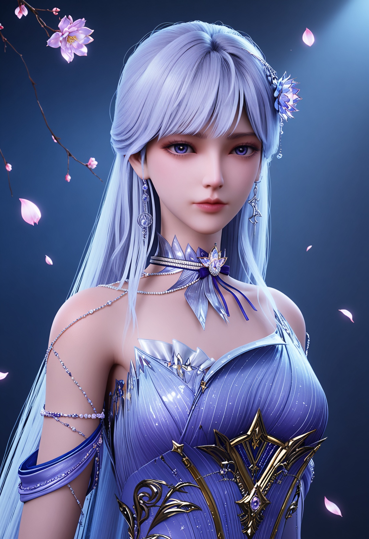 (upper_body:1.2),(looking at viewer:1.1),facing viewer,direct gaze,(masterpiece:1.1),(best quality:1.2),(intricate details),(smog:1.3),(Dark room:1.3),(dim lighting:1.3),peach blossom,falling petals,<lora:YQ_Illustrious光辉v5_圣采儿_服装6_V1:0.8>,1girl,q1528437228,solo,long hair,jewelry,hair ornament,earrings,dress,purple eyes,white hair,choker,high heels,necklace,blue hair,blue eyes,purple hair,masterpiece,(best quality),(intricate details:0.9) BREAK (intricate details:0.9),(realistic skin:1.2),masterpiece,best quality,newest,absurdres,hiahres,