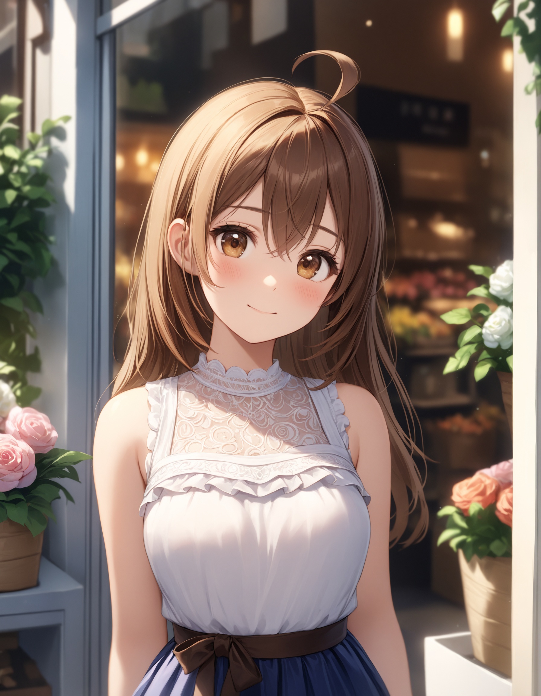 Depth of field. Cowboy shot. Shooting from front. 1girl. Solo. Round face. Detailed brown eyes. Tareme. Long straight hair...