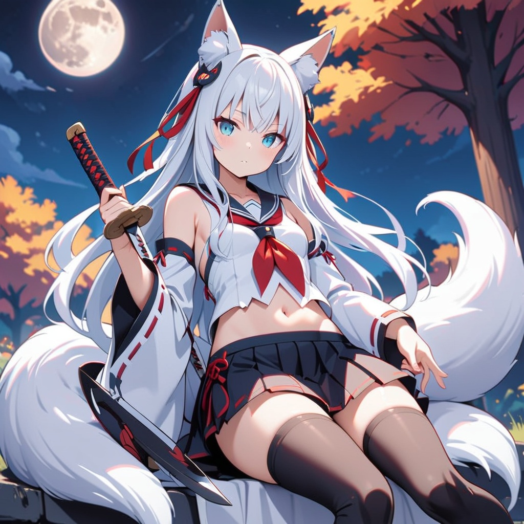 1girl,animal ears,weapon,moon,tail,fox ears,solo,sword,navel,long hair,full moon,fox tail,night,thighhighs,blue eyes,looking at viewer,sitting,black thighhighs,skirt,fox girl,black skirt,holding,bare shoulders,white hair,holding weapon,holding sword,detached sleeves,feet,sailor collar,outdoors,wide sleeves,midriff,night sky,fire,miniskirt,animal ear fluff,breasts,stomach,neckerchief,sky,toeless legwear,pleated skirt,toes,katana,long sleeves,hair ornament,very long hair,tree,shirt,small breasts,ribbon trim,collarbone,thighs,