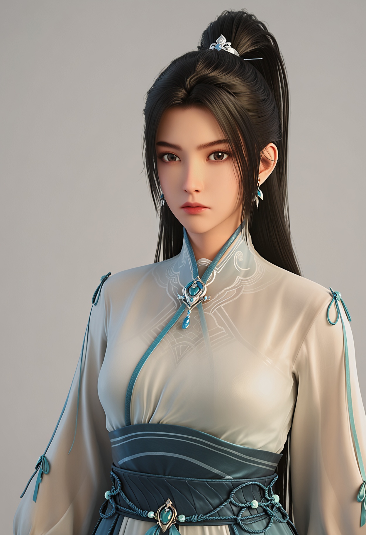 score_9,high detail,best quality,cinematic lighting,volumetric lighting,shiny skin,shiny,ningyao,1girl,solo,brown_eyes,earrings,white background,black hair,jewelry,long hair,hair_ornament,breasts,sash,dress,long sleeves,expressionless,ponytail,simple background,white dress,realistic,ponytail,hair ribbon,looking_at_viewer,thighs,<lora:QQSponyningyaoV1:0.8>,<lora:Pony_DetailV2.0:0.8>,<lora:皮肤凹痕:0.1>,