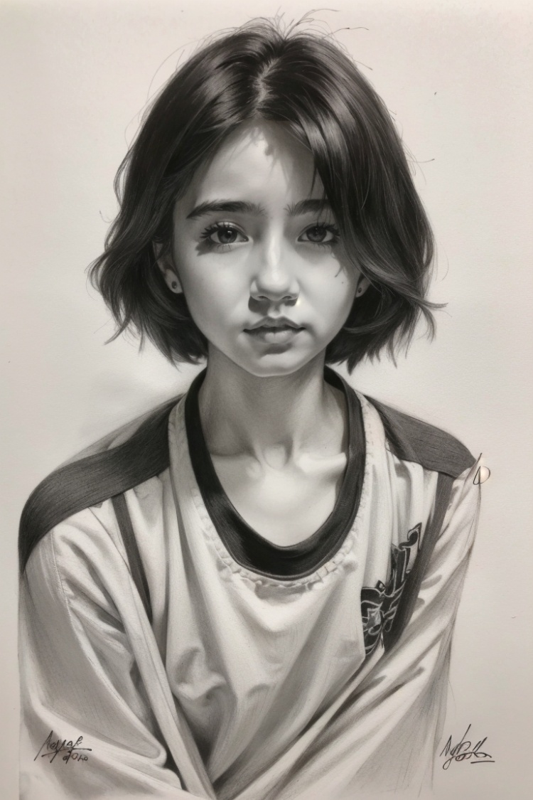 ((HRD, HUD, 8K)),((masterpiece, best quality)), highly detailed, photo_\(medium\),1girl, solo, short hair, track suit, Sketch,monochrome, greyscale, traditional media, signature, graphite (medium), simple background, upper body, looking at viewer,  <lora:20240218-1708224875184:0.9>