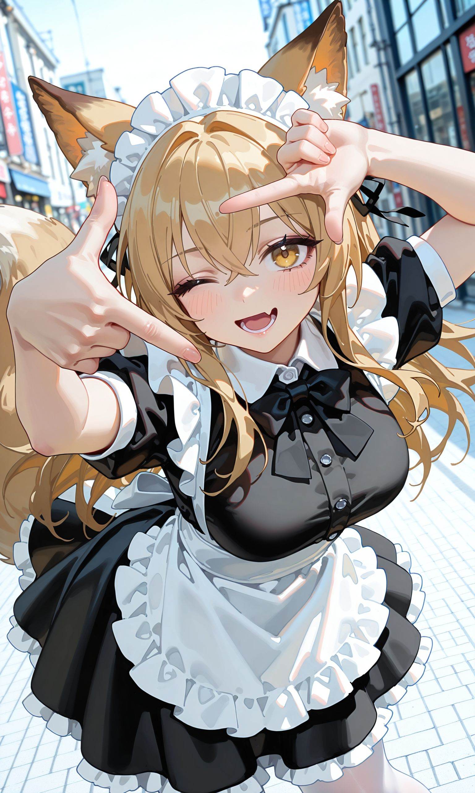 (ningen mame:0.9524),ciloranko,(sho \(sho lwlw\):0.9524),(saintshiro:0.9524),(rhasta:0.907),1girl,animal ears,maid,apron,one eye closed,finger frame,solo,tail,maid headdress,maid apron,skin fang,dress,black dress,fang,yellow eyes,white apron,white pantyhose,short sleeves,smile,frills,open mouth,frilled apron,pantyhose,looking at viewer,fox tail,hair between eyes,fox ears,fox girl,bow,arm up,simple background,blonde hair,bowtie,black bowtie,blush,black bow,long hair,puffy short sleeves,;d,lower teeth only,light brown hair,puffy sleeves,animal ear fluff,crossed bangs,collared dress,frilled dress,foreshortening,ribbon,white background,standing,grey background,black ribbon,hair ribbon,breasts,,, , ,masterpiece, best quality, absurdres, newest, very aesthetic, amazing quality,highres,sensitive,complex background, highres, ultra detailed, best anatomy, HDR, 8K, high detail RAW color art, high contrast,, ,cinematic shot,dynamic angle,cinematic shadows,action,shot,deepshadows,award winning,beautifully lit,dramatic angle,intense angle,dynamic angle,cinematic lighting,cinematic angle,dramatic angle,dramatic shadows,professional,masterpiece,best quality,newest,absurdres,highres,high resolution,best quality,ultra-detailed,high-definition,4k,8k,sharp focus,clear,crisp edges,smooth,vibrant colors,dynamic range,depth of field,safe,Blurred background,masterpiece,best quality,highres,absurdres,newest,year 2024,year 2023,aesthetic,very aesthetic,(photo background:1.3),ultra-high resolution,32K UHD,,