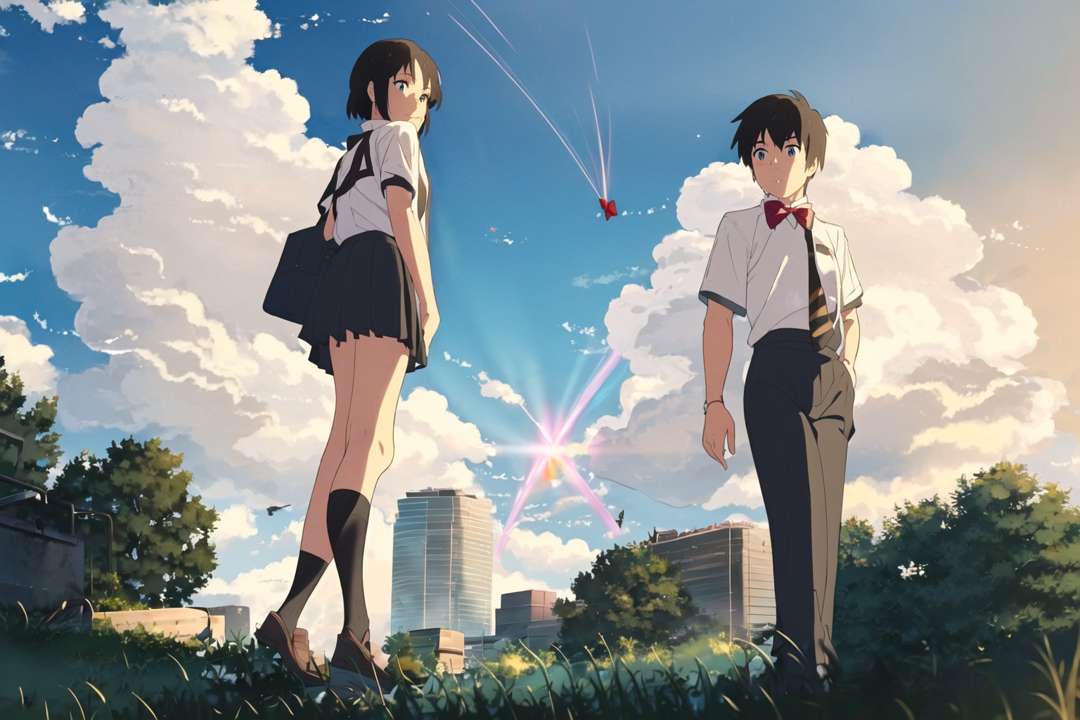 dream, New Haicheng Animation Style, 1girl, short hair, blue eyes, skirt, brown hair, shirt, black hair, 1boy, bow, ribbon, brown eyes, school uniform, standing, white shirt, short sleeves, pleated skirt, outdoors, necktie, sky, shoes, day, socks, striped, pants, cloud, bowtie, black skirt, looking at another, red bow, red ribbon, tree, blue sky, kneehighs, cloudy sky, black socks, building, red bowtie, scenery, hand in pocket, striped bow, hands in pockets, striped necktie, diffraction spikes, miyamizu mitsuha