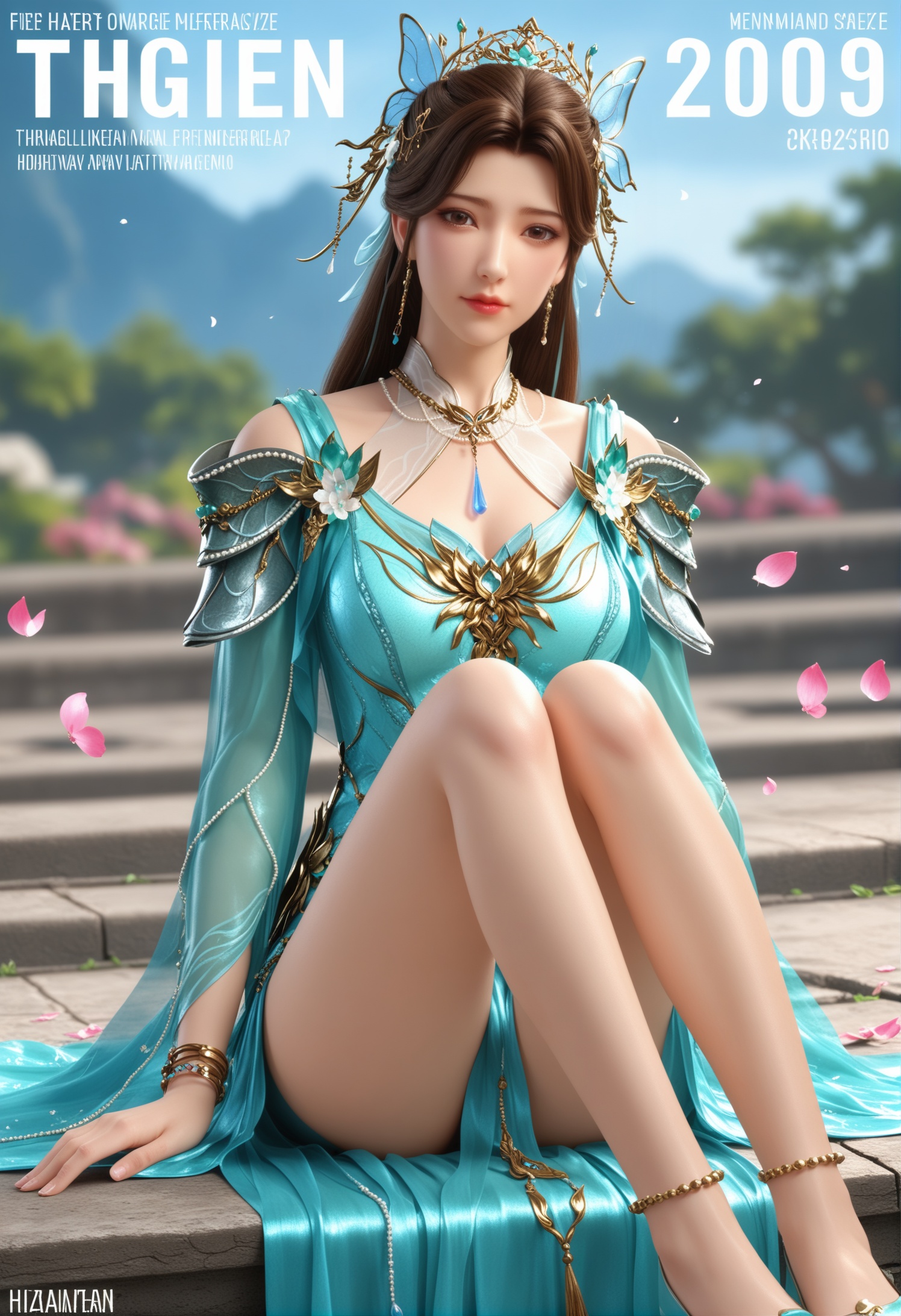 score_9,score_8_up,score_7_up,1girl,solo,sitting,advertising cover,(arms_behind_back:1.1),1girl,solo,realistic,dress,green dress,blue dress,chinese clothes,shoulder armor,shoulder cutout,see-through,long sleeves,grey ribbon,clothing cutout,blue gemstone,beads,aqua dress,realistic,jewelry,tiara,hair ornament,butterfly hair ornament,earrings,necklace,anklet,bracelet,1girl,solo,realistic,(mature face:1.2),(slender face:1.1),long hair,brown hair,brown eyes,closed mouth,realistic,grey_background,gradient_background,(white_background:0.9),falling petals,(depth of field:1.2),depth_of_field,(looking at viewer:1.1),<lora:小巳-溪幼琴新pony:0.85>,