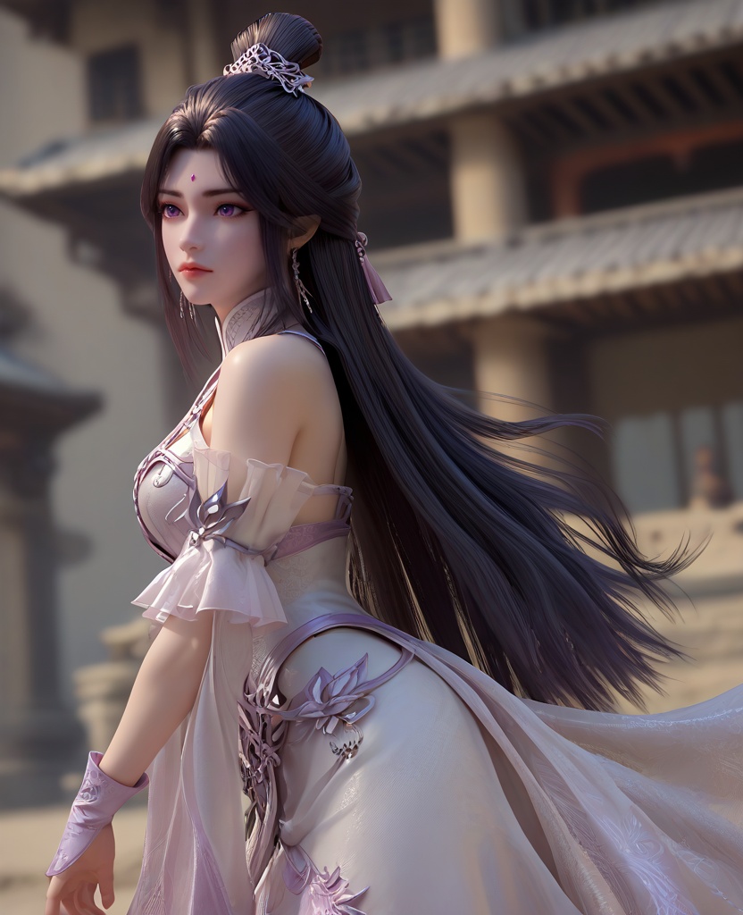 (oriental architecture, elegant decor, sophisticated style:1.1),Hands on the back of the head, looking casual,(breasts:1.2),<lora:XL16完美世界月婵:0.95>,miss yuechan,solo,pinkish white corset,sash,pinkish white sheer fabric skirt,purple eyes,forehead jewel,traditional chinese updo,black hair,very long hair,hair ornament,bare shoulders,detached sleeves,wristband,, zPDXL2, score_9, score_8_up, score_7_up BREAK realistic, masterpiece,best quality, highly detailed,, zPDXL3, zPDXL2,zPDXL, zPDXLxxx, zPDXLrl,