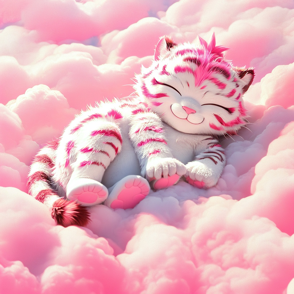 yinhu,tigger,fluffy,pink pattern,soft lighting,tiger boy,white fur,whimsy and dramatic lighting,warm colors,tigger focus,mf-movie-filter,cc-color-correction,cute,whiskers,:3,^ ^,no humans,closed eyes,on back,cloud,pink theme,lying,solo,closed mouth,cloudy sky,full body,smile,sky,red theme,white background,facing viewer,simple background,<lora:yinhu_rev:1>,