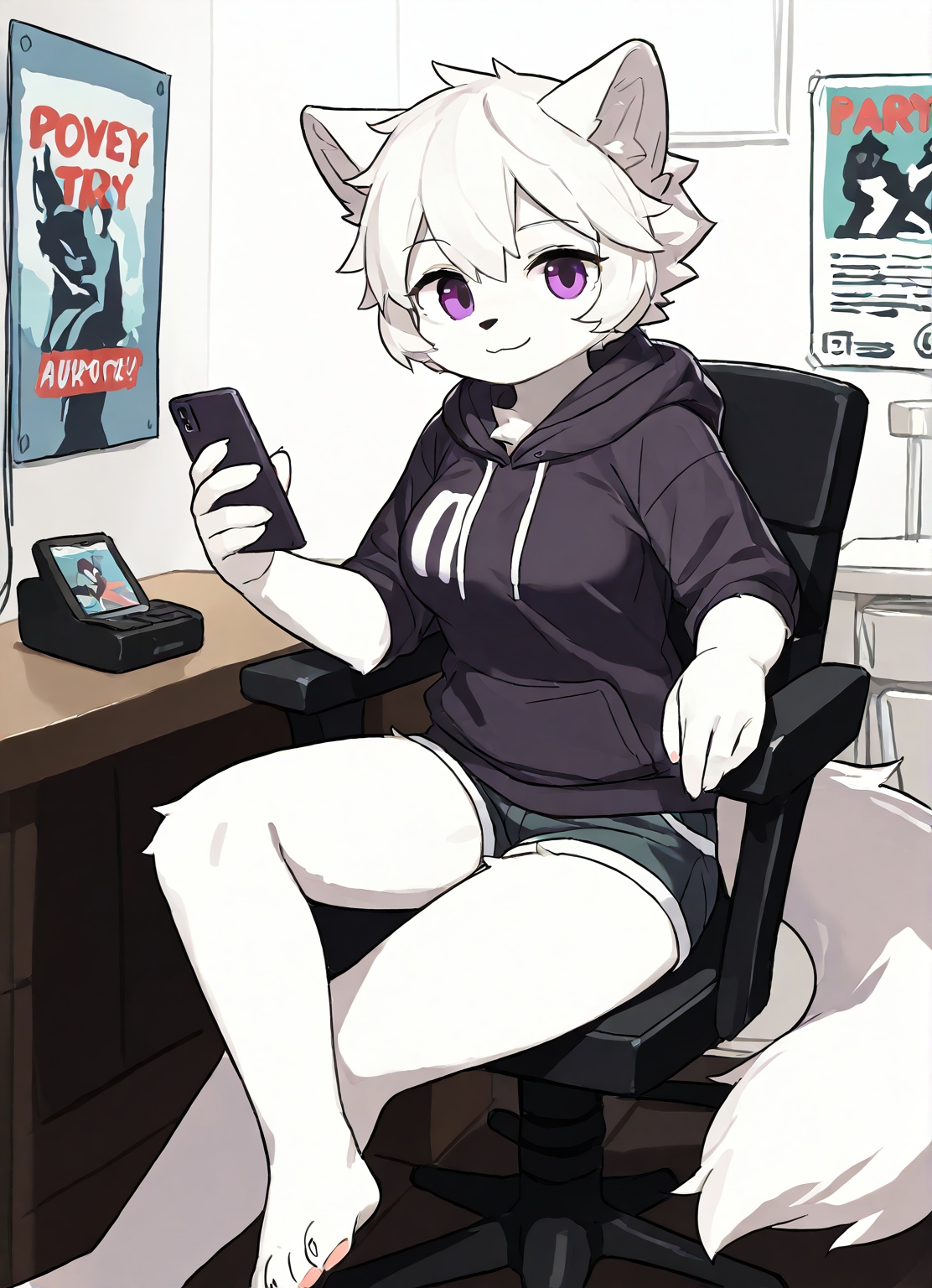 furry female,1girl,furry,sitting,animal ears,shorts,purple eyes,poster (object),chair,smile,looking at viewer,breasts,solo,crossed legs,holding,short hair,tail,body fur,hoodie,white fur,shirt,short shorts,indoors,animal nose,phone,hood,medium breasts,
