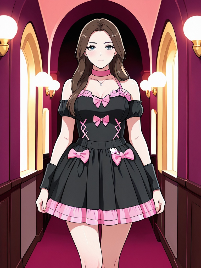 pinkandblackdresswithbows,  three-quarter view a beautiful young brunette woman with deep hazel eyes wearing a sexy black...