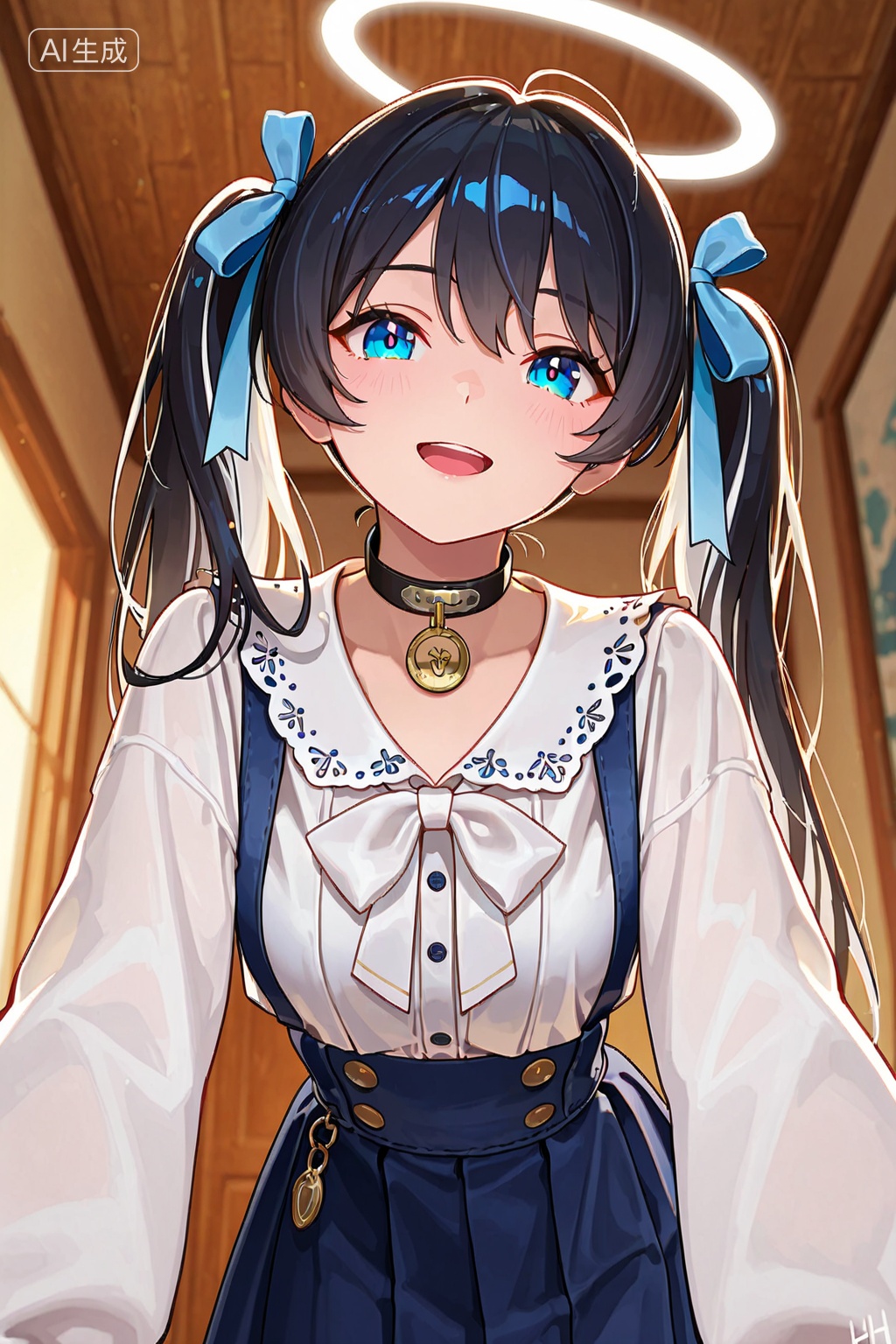 hh,digital anime-style drawing of a young girl with long black hair tied into two high pigtails with blue ribbons,large bright blue eyes,and a small open mouth smile,wearing a white long-sleeve shirt with a large white bow at the collar,and a navy blue high-waisted skirt with white frilled trim at the bottom,the shirt has long sleeves and the bow is tied at the front. She has a white hair ribbon on her head,and her hair is flowing and slightly messy. The background is bright and blurred,with a light source coming from the top left,creating a soft halo effect around her head. The image has a soft,glowing light effect on her hair and face,and the lighting is bright and even. The girls expression is cheerful and innocent,and she is positioned in the center of the image,leaning slightly forward. Her skin is fair,and her eyes are large and expressive. The drawing has a clean and polished look,with smooth lines and a bright,cheerful color palette. The artists signature is in the bottom left corner. The image is high quality,with a focus on the characters cute and innocent expression,and the overall style is typical of modern anime art.,, Negative prompt: low quality,blurry,bad anatomy,disfigured,poorly-drawn face,abnormal body proportions,extra limbs,watermark,signature,(worst quality:1.6),(low quality:1.6),(normal quality:1.6),(watermark:1.2),(bad anatomy:1.2),(bad fingers,:1.8),(signature:1.2),error,worst quality,low quality,sketches,lowres,monochrome,grayscale,worstquality,text,logo,cropped,bad proportions,out of focus,username,bad body,long body,long neck,deformed,bad hands,mutated hands and fingers,malformed hands,poorly drawn hands,mutated hands,too many fingers,extra limb,,nsfw, Steps: 30, Sampler: DPM++ 2M Karras, CFG scale: 7.0, Seed: 1142893208, Size: 1024x1536, Model hash: e24e9cdf73, Model: 星美XM-ILL-3DCG-V1.0_1.safetensors, Denoising strength: 0, RNG: CPU, Lora 1: ereyutyiuyo, Lora Hash 1: cfcc851c28, Lora Weight 1: 0.8, vae_name: automatic