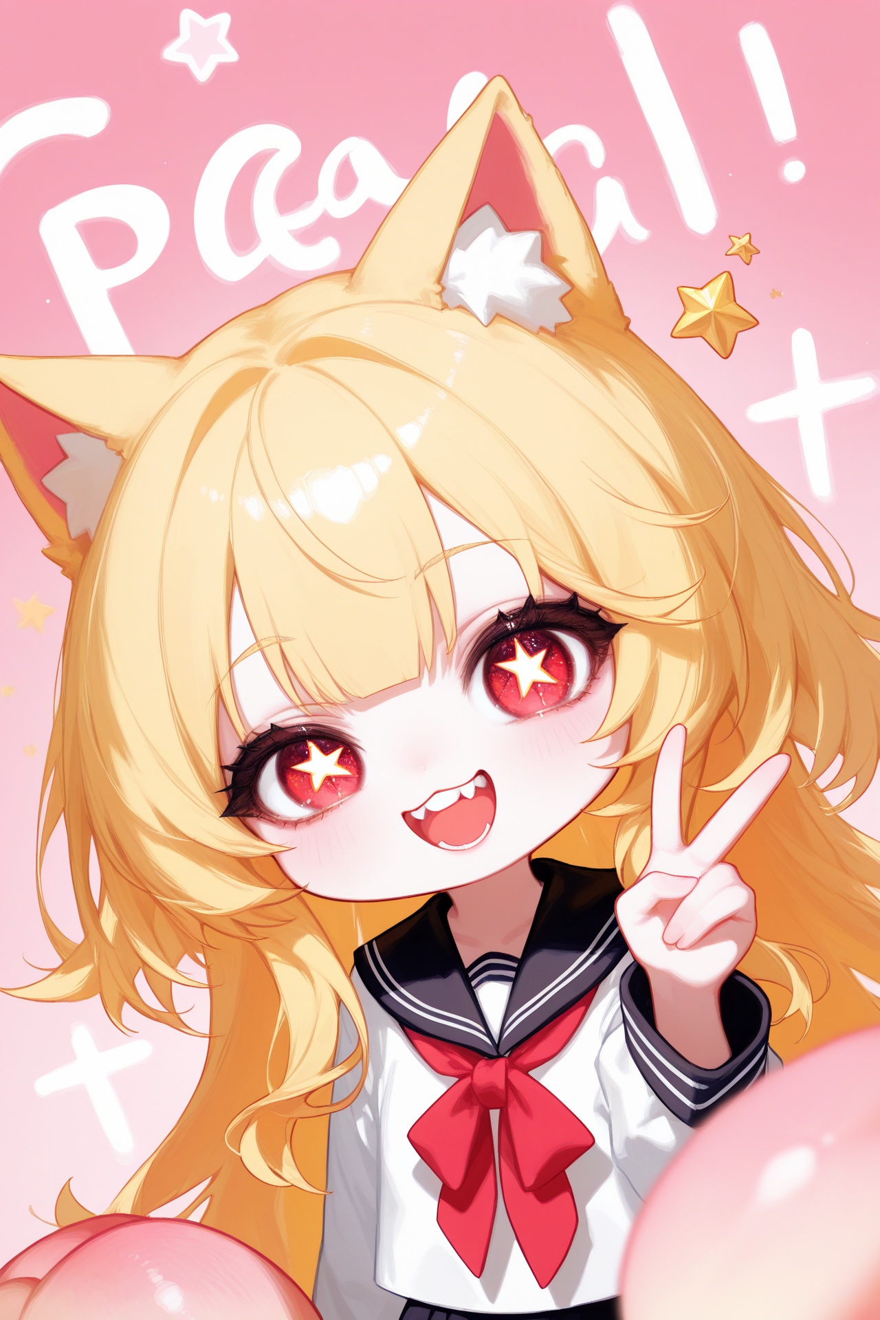 masterpiece,best quality,amazing quality,very aesthetic,absurdres,newest,highres,incredibly absurdres,chibi,1girl,solo,cute,yellow hair,red eyes,star-shaped pupils,long hair,serafuku,double teeth,wink,peace,cat ears,pastel pink background,text,peach,