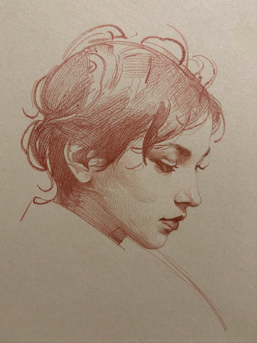 Kaljedef art style: A delicate red chalk sketch of a woman’s profile viewed from three-quarters angle,  rendered with soft...
