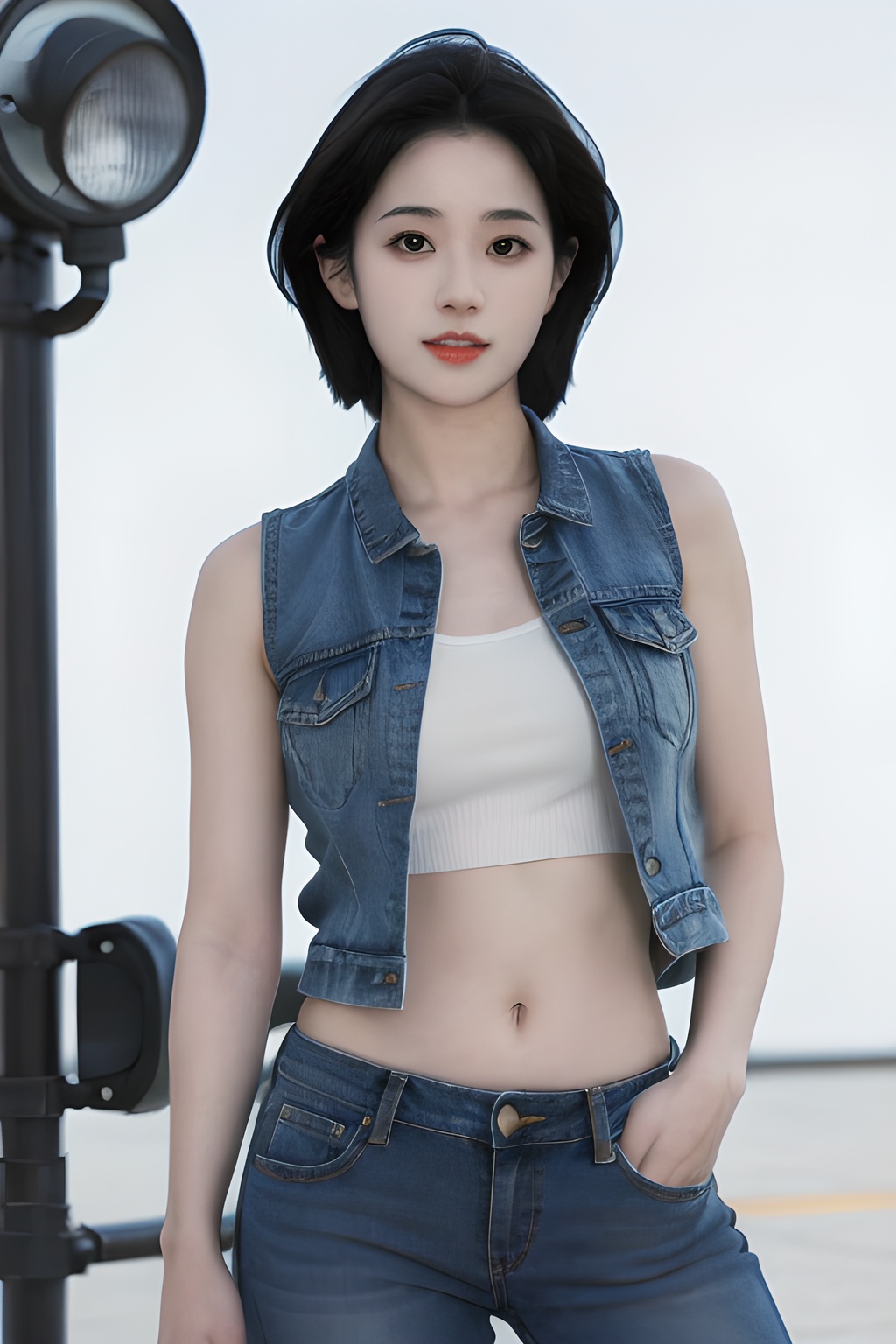 <lora:0827_06:0.7>simple background, (Best quality, masterpiece, ultra high res:1.2),photorealistic,raw photo,unity 8k wallpaper,cowboy shot,traffic light,1girl,cutoff jeans,denim vest,navel,hand in pockets, short hair,, 1girl,realistic,masterpiece, best quality, photorealistic, HDR,detail