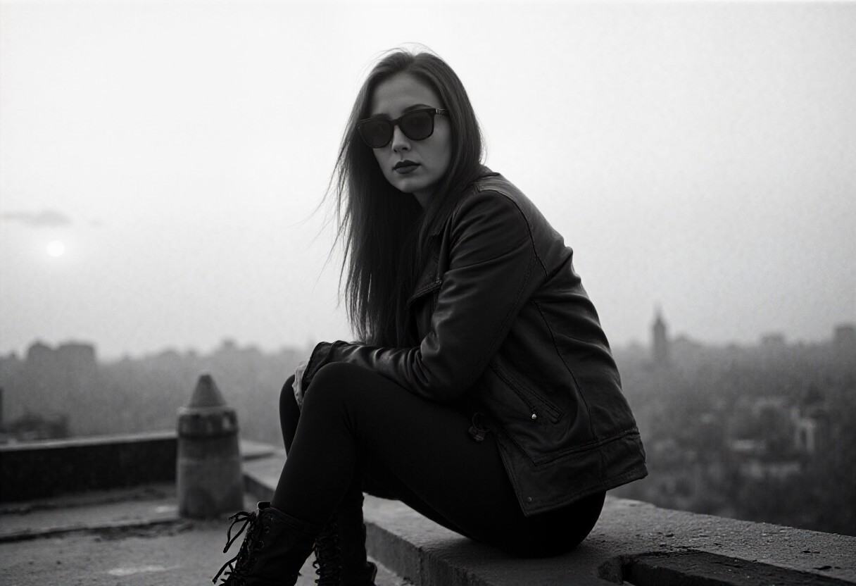 analog_feel,  a powerful and atmospheric rooftop portrait,  a young woman with long straight hair on Tensor.Art