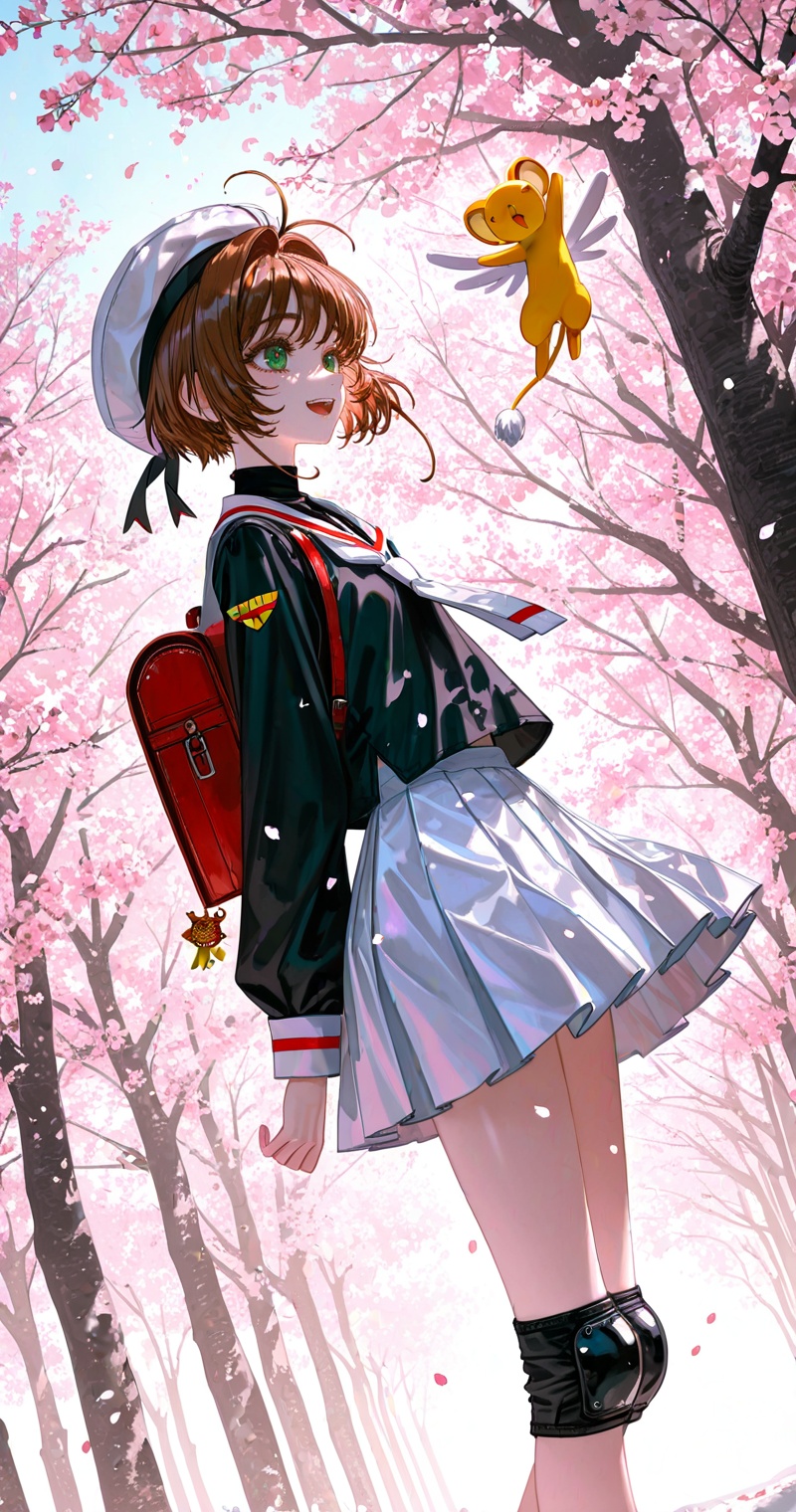 1girl,kinomoto sakura,white skirt,kero,tomoeda elementary school uniform,brown hair,skirt,cherry blossoms,school uniform,hat,white headwear,green eyes,short hair,knee pads,bag,open mouth,petals,smile,backpack,close-up details,outstanding style,adding a touch of dimension to your images without compromising details,whirls of vapor,iridescent textures,(Anime:1.1),ethereal ambiance,delicate details,magical high-concept,32K UHD,sharp focus,best-quality,masterpiece,golden hour,unconventional supreme masterpiece,masterful details,temperate atmosphere,with a high-end texture,in the style of fashion photography,photography,cover,dynamic angle,dynamic posture,(artist:quasarcake:0.8),extreme aesthetic,(wlop:0.6),(honjou raita, lack, rella:0.5, wanke),masterpiece,best quality,good quality,very aesthetic,absurdres,visual impact,a shot with tension,ultra-high resolution,32K UHD,sharp focus,best-quality,masterpiece,emotionalization,unconventional supreme masterpiece,masterful details,temperate atmosphere,with a high-end texture,in the style of fashion photography,(visual impact:1.2),giving the poster a dynamic and visually striking appearance,impactful picture,official art,colorful,splash of color,movie perspective,masterpiece,best quality,amazing quality,very aesthetic,absurdres,best quality,newest,