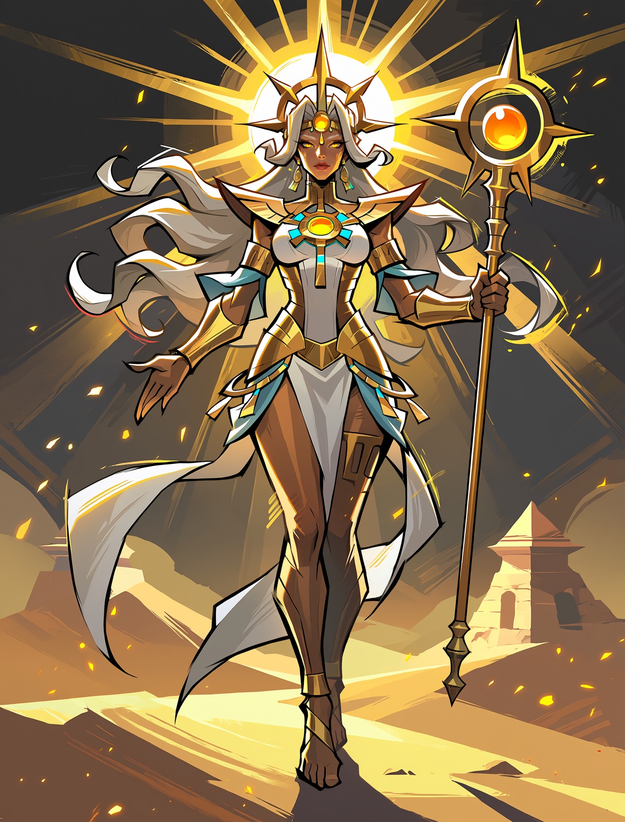 ART STYLE: epic fantasy anime illustration,  ancient mythology concept art,  cinematic masterpiece SUBJECT: solar goddess...