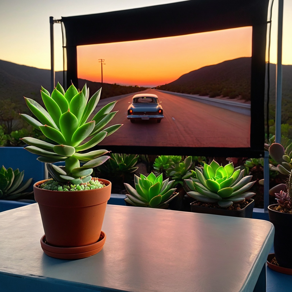 scenedrivemovie,  a small potted succulent,  drive-in movie lot table on Tensor.Art