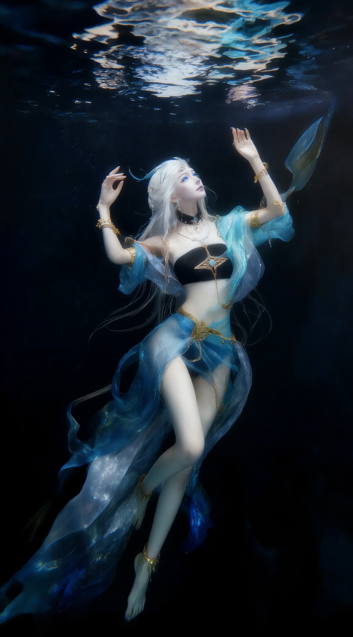 a digital illustration shoot from below about a serene underwater scene featuring a woman with long white hair floating gracefully in the water,wearing a revealing blue and gold outfit,on the middle of the image,a 1woman,who appears to be in her mid-twenties,with pale skin,blue eyes,and a calm expression,is floating with her arms raised above her head,she is wearing a sheer blue dress with gold accents,a black crop top,and bare shoulders,showcasing her medium-sized breasts,her hair is styled in long hair,and she is adorned with jewelry,including earrings,bracelets,and anklets,her body is slim,with bare legs and feet visible,the background is dark,with water ripples around her,creating a sense of depth and atmosphere,the lighting is soft and diffused,highlighting her curves and the intricate details of her outfit,, Negative prompt: ng_deepnegative_v1_75t,(badhandv4:1.2),EasyNegative,(worst quality:2),,nsfw, Steps: 30, Sampler: Euler, CFG scale: 4.0, Seed: 1473978554, Size: 1142x2048, Model hash: 9768b098f7, Model: ZOZ_千问大模型~超强泛化改良版_v1.0.safetensors, Denoising strength: 0, RNG: CPU, Lora 1: ZOZ_厚涂水彩~千问, Lora Hash 1: 68a42c4795, Lora Weight 1: 0.8, vae_name: automatic