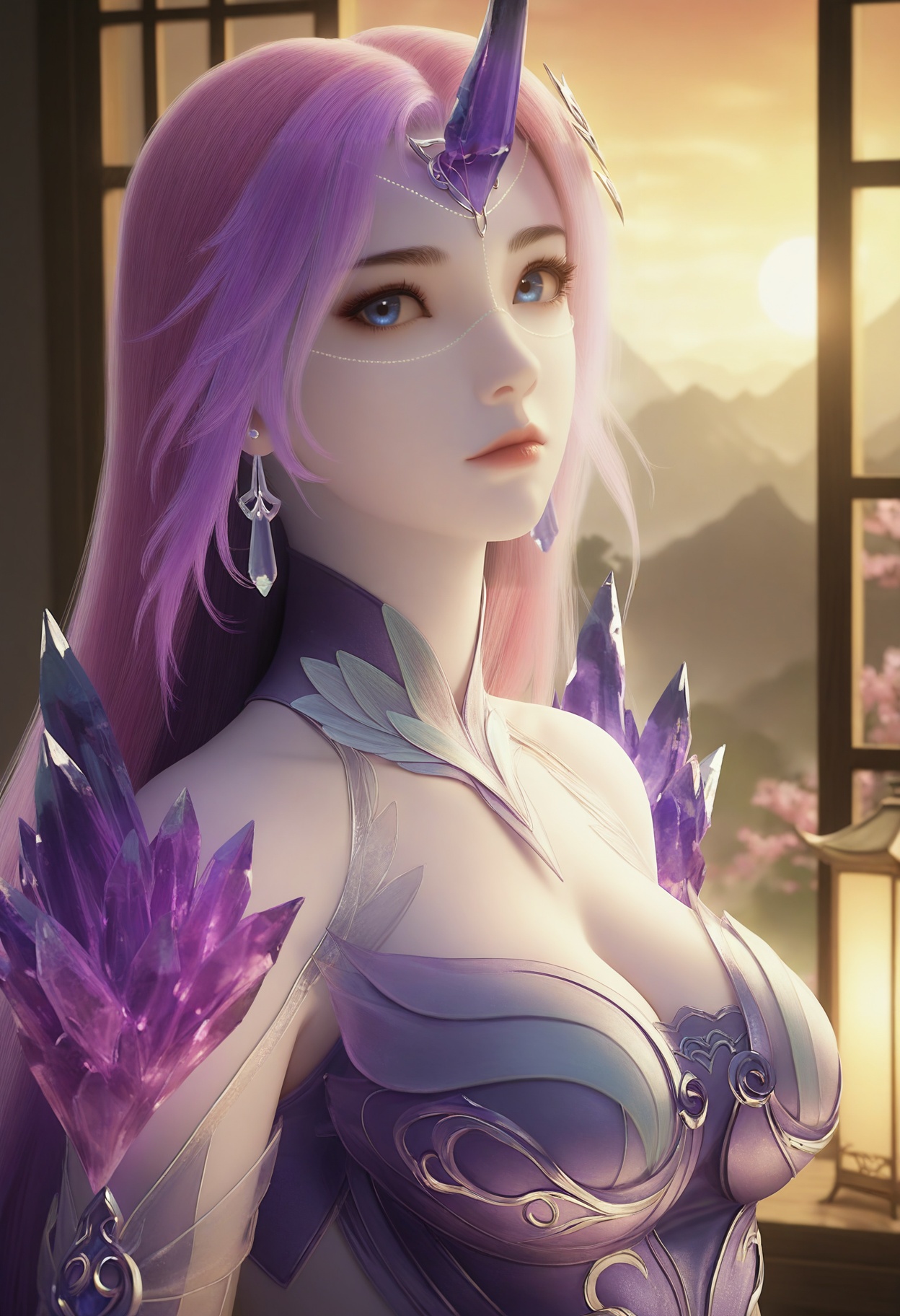 Yue_liu,1girl,blue eyes,long hair,purple hair,earrings,jewelry,hair ornament,crystal,single horn,pink hair,bare shoulders,gem,cleavage,<lora:Yue_liu_10_illu-000005:0.75>,dress,armor,see-through,skirt,purple dress,photorealistic,hyperrealistic,(pale skin:1.2),looking at viewer,standing,(upper body:1.2),close up,head shot,lantern,open window,looking at viewer,indoors,mountains,blossoms,flowers,east asian architecture,beautiful sunrise,warm ambient temperature,