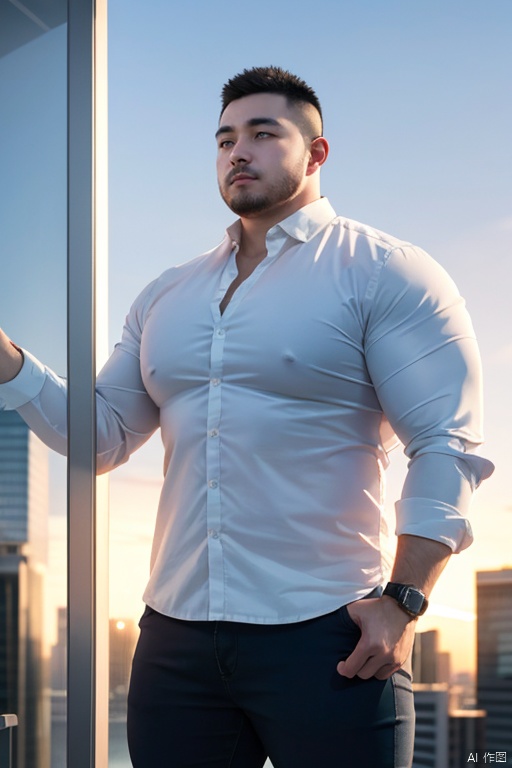 Best quality,masterpiece,ultra high res,male focus,pants,boy black short hair,(Plump man:0.5),detailed background,game_cg,bara stocky,male fucus,mature male,thick thighs,muscular male,(fade haircut),1 boy,leogirl,realistic photography,A solitary figure stands atop a skyscraper,looking out over the city as twilight descends. The figure,silhouetted against the illuminated skyline,adds a sense of drama and contemplation to the scene.,formal attire<lora:EMS-342200-EMS:1.000000>
