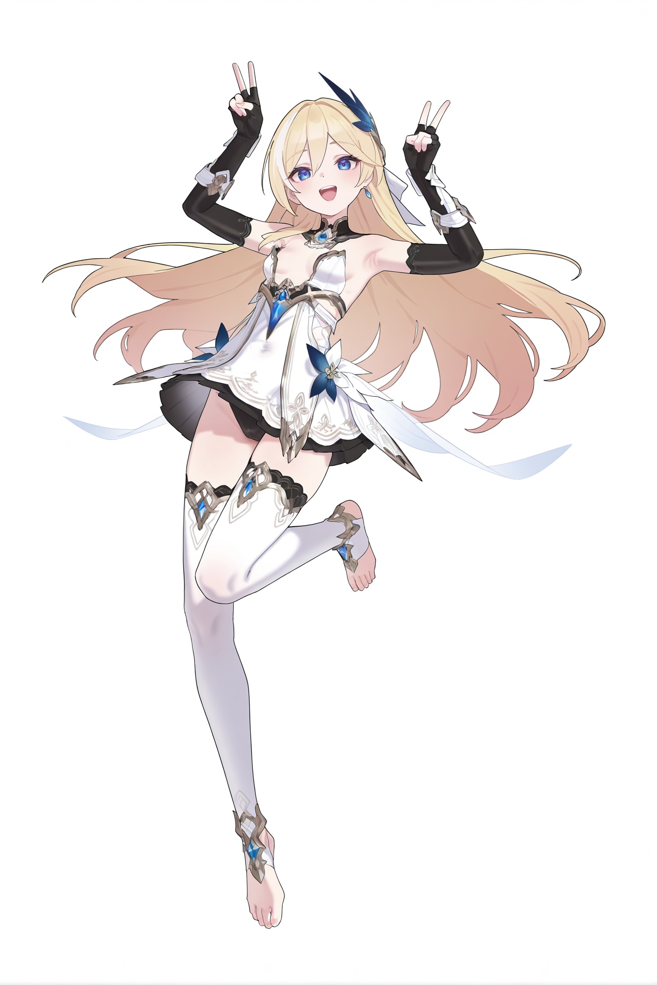 8k,best quality,masterpiece,ultra-detailed,(high detailed skin),(year 2024:0.8),flat color,artist:maidforge,artist:aqua inc.,artist:edoya inuhachi,artist:reoen,artist:fuzichoco,solo,white background,simple background,barefoot,no bra,petite,skinny,toeless_legwear,white thighhighs,indoor,looking_at_viewer,panorama,full_shot,dashed_eyes,wedding_dress,jumping,double_v,happy,<lora:Durandal-PalatinusEquinox-ill-Tanger:0.8>,Durandal \(Palatinus Equinox\),1girl,long hair,blonde hair,gloves,solo,blue eyes,fingerless gloves,white background,full body,black gloves,