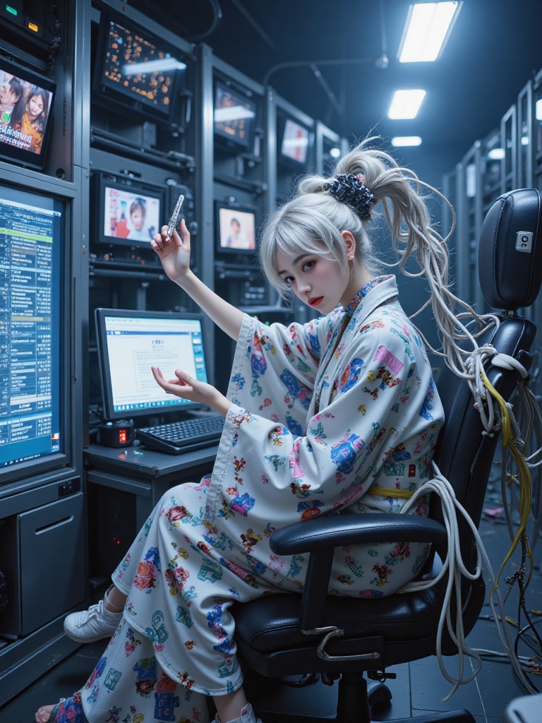 In the mid-shot of Data Fortress,a white-haired girl sits curled up in front of a giant array of servers,wearing a digital kimono **** of a collage of broken mobile phones (the collar is constantly refreshing the deleted chat records). She stabbed the console with a nerve invader in her right hand,and the palm of her left hand projected images of her childhood that were being tampered. The data cable hairpin between the buns is connected to the consciousness conduit hanging from the ceiling,and the kimono hem extends countless fiber tentacles,which are greedily absorbing the memory spots floating around. Under the transparent armor of the leg,the biological hard disk indicator light can be seen flashing. In the background of countless monitoring screens,"she" of different ages is simultaneously taking selfies with guns.,