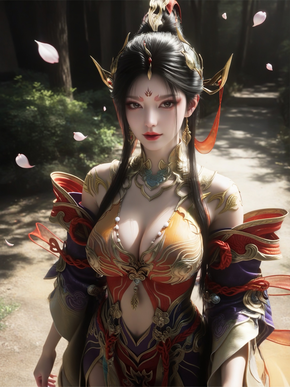 masterpiece,ultra-HD,photorealistic,high detail,best quality,8k,best quality,sharp focus,ray-tracing,1girl,SFNanGongJin,breasts,large breasts,long hair,hair ornament,black hair,lipstick,red lips,dress,detached sleeves,forehead mark,falling petals,eyelashes,makeup,solo,looking at viewer,standing, enchanting expression,outdoors, <lora:SF_NanGongJin_IL_Real-000004:0.7>,