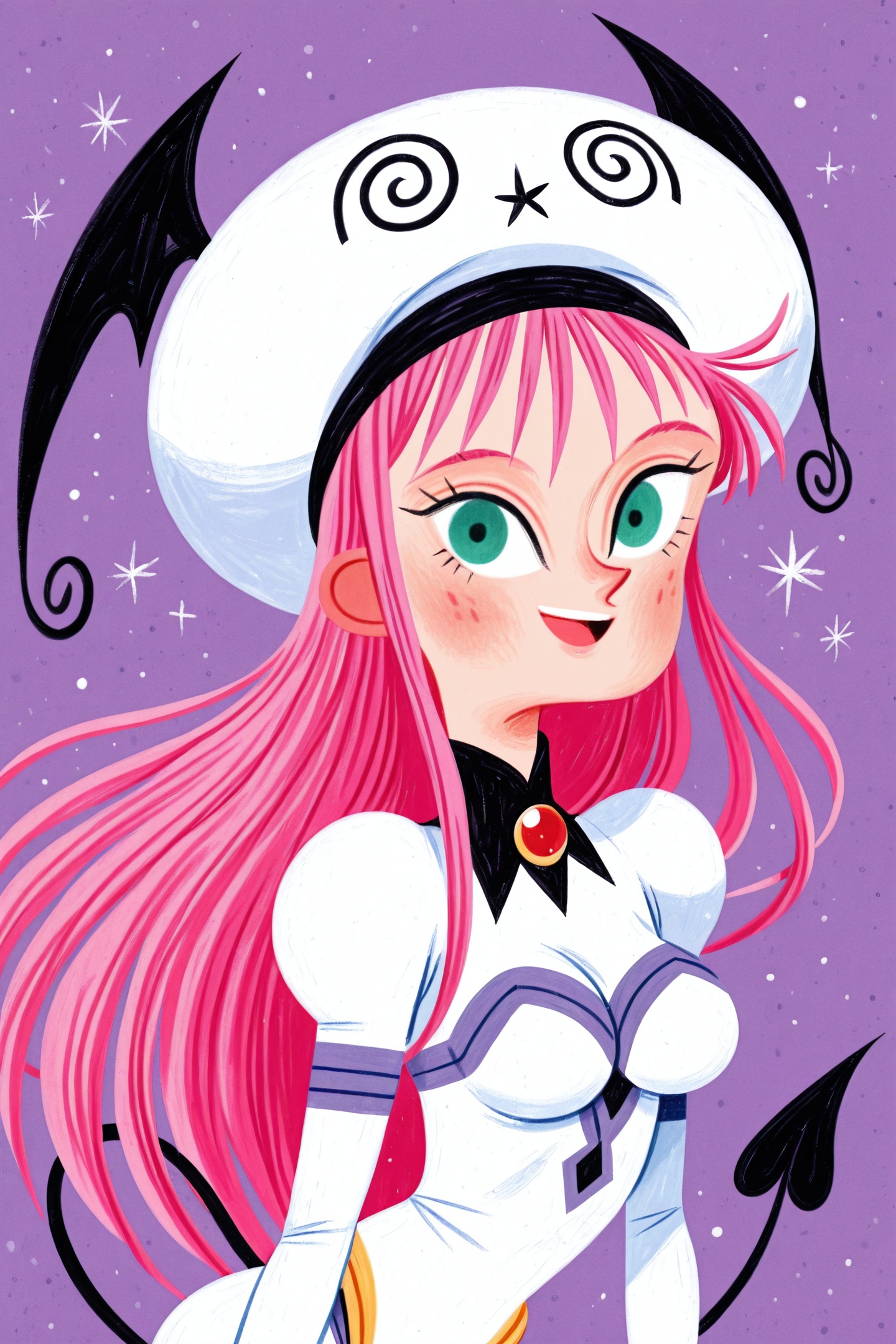 David Sierra Liston Style,lala satalin deviluke,1girl,solo,long hair,green eyes,pink hair,tail,hat,white bodysuit,demon tail,leotard,open mouth,smile,upper body,<lora:David Sierra Liston_illustriousXL:1>,