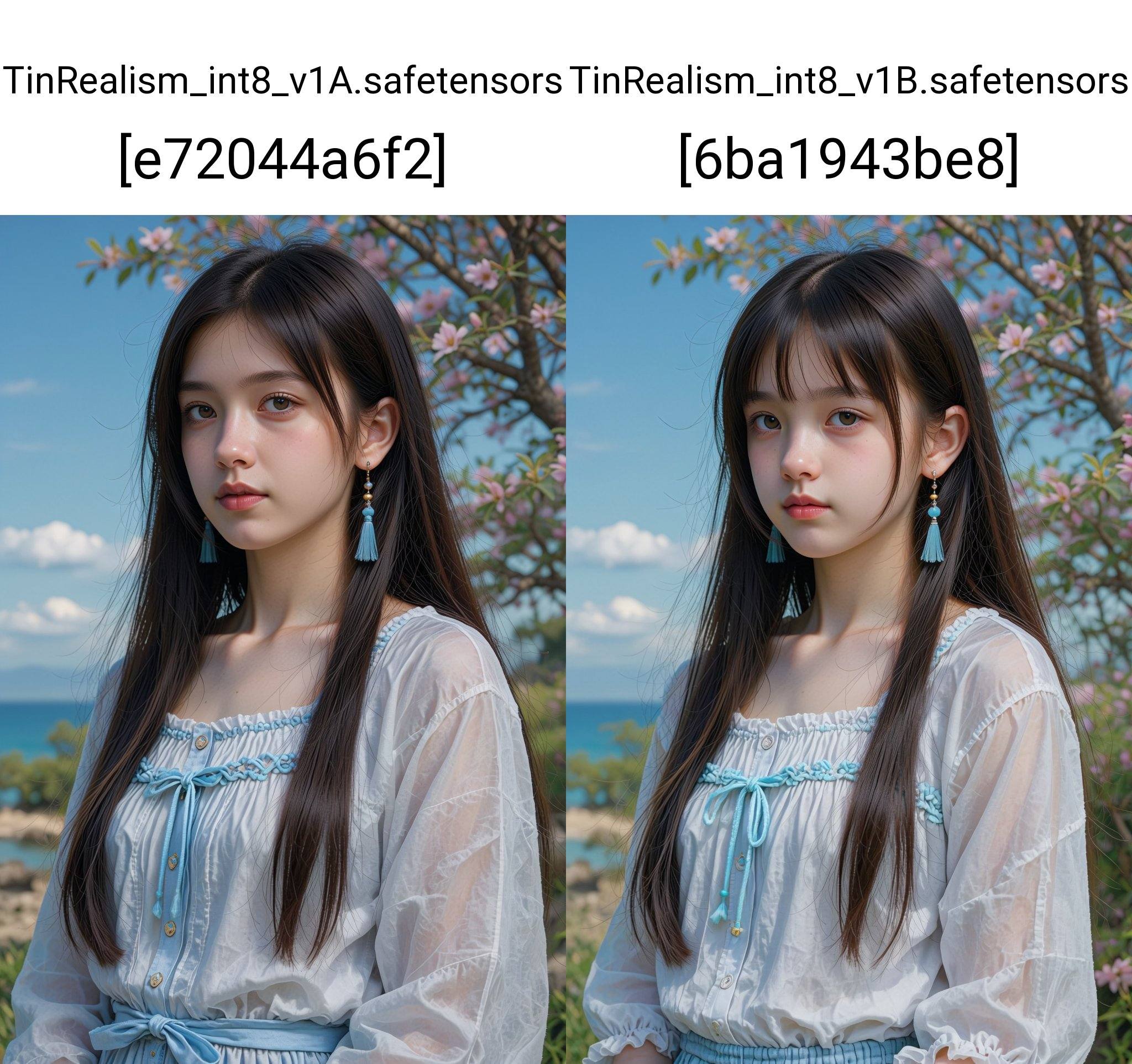The image depicts a young woman with long,  straight black hair,  wearing a white top with blue detailing and a bow. She h...