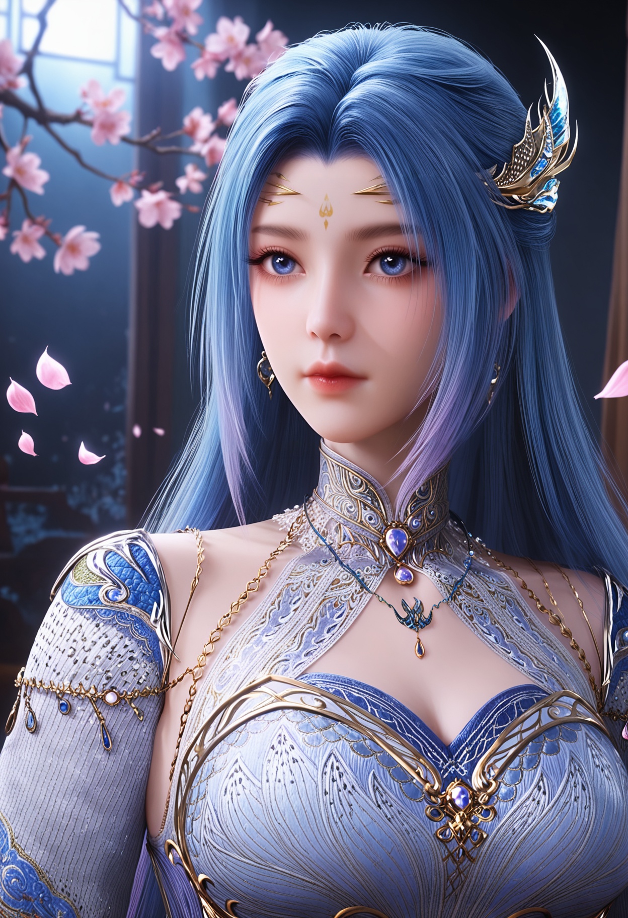 (upper_body:1.2),(looking at viewer:1.1),facing viewer,direct gaze,(masterpiece:1.1),(best quality:1.2),(intricate details),(smog:1.3),(Dark room:1.3),(dim lighting:1.3),peach blossom,falling petals,<lora:YQ_Illustrious光辉v5_唐舞桐_服装3_V2:0.8>,1girl,q1528437228,solo,long hair,hair ornament,blue eyes,jewelry,dress,earrings,detached sleeves,necklace,forehead mark,masterpiece,(best quality),(intricate details:0.9) BREAK (intricate details:0.9),(realistic skin:1.2),masterpiece,best quality,newest,absurdres,hiahres,