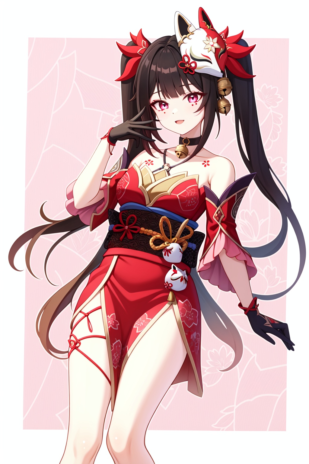 <lora:花火v2:1>, 1girl,huahuo,twintails,bare shoulders,fox mask,mask on head,red dress,detached sleeves,black gloves,jingle bell,choker,obi,kimono,tattoo,barefoot,, (masterpiece,best quality:1.2),absurdres, high quality,