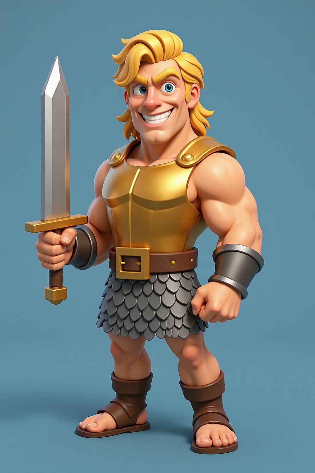 3D,This is a digital illustration featuring a muscular, golden-haired man with a confident expression. He has a fair complexion and a broad, strong build. The man is depicted in a classic warrior attire, wearing a golden, metallic chestplate that covers his torso, leaving his shoulders and upper arms exposed. His left arm is flexed, showing off his biceps, while his right arm holds a large, double-edged sword with a shiny silver blade and a golden hilt. He also sports a brown leather belt with a square buckle, and a grey, scale-like armor skirt that covers his lower body. The man's facial features are exaggerated, with large, expressive eyes and a wide, toothy grin. His hair is styled in a wild, tousled manner that frames his face. The background is a solid, medium blue color, making the character stand out prominently. The illustration style is reminiscent of modern 3D animation, with a polished, cartoonish aesthetic and smooth shading. The character's pose and expression convey a sense of strength and readiness for battle.. set against a solid blue background.,