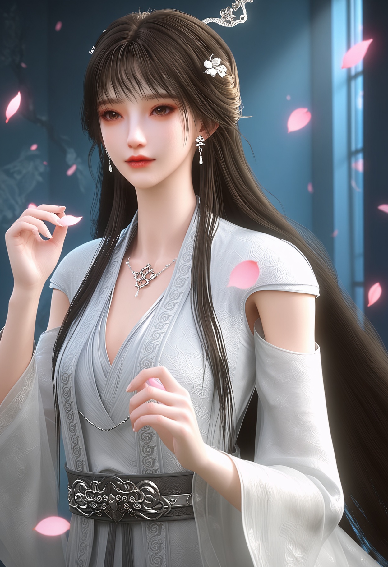 (upper_body:1.2),(looking at viewer:1.1),masterpiece,(best quality),smog,Dark room,dim lighting,peach blossom,falling petals,<lora:YQ_Illustrious光辉v5_雨馨_V1:0.9>,q1528437228,1girl,solo,long hair,earrings,jewelry,brown hair,hair ornament,dress,white dress,black hair,necklace,brown eyes,detached sleeves,chinese clothes,lips,long sleeves,hair bun,hair flower,wide sleeves,sash,boots,