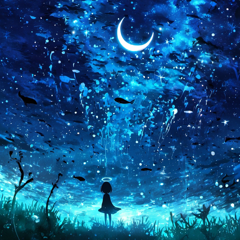 <lora:star_xl_v3:1>,silhouette painting, ethereal ambiance, cyan theme, 1girl, solo, dress, standing, ahoge, outdoors, sky, cloud, night, halo, moon, grass, star \(sky\), silhouette, night sky, scenery, starry sky, fish, bubble, torii, crescent moon, surreal, jellyfish, whale, short hair, tree, the image portrays a mesmerizing night sky filled with stars, celestial bodies and ethereal particles, a crescent moon shines brightly in the center surrounded by a myriad of stars and cosmic dust. , water-like aura floats in the air, a silhouette of a girl with halo on her head stand , a silhouette of a whale, the entire scene is bathed in a deep blue hue, a sense of wonder and tranquility, stars, ethereal particles, galaxies, nebulae