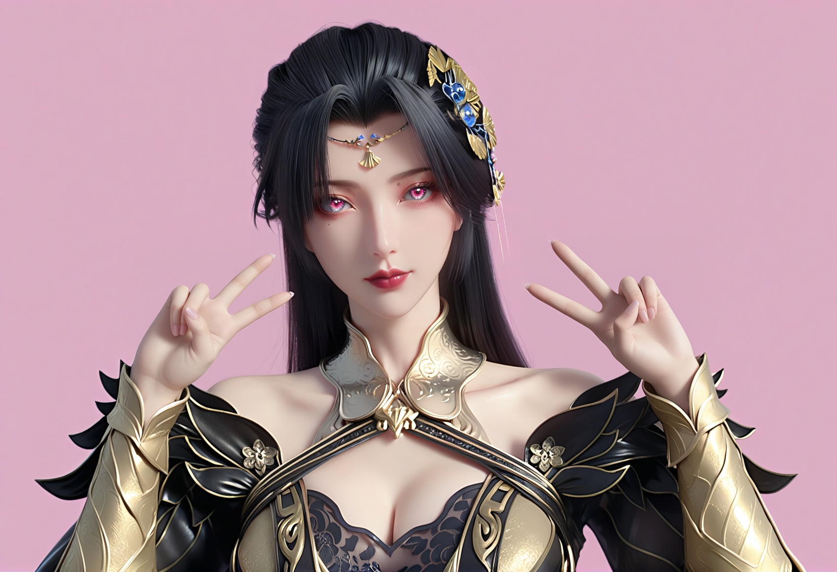 (score_9),<lora:柳如烟-Apony:0.8>,lry,(mature_female),solo,long hair,hair ornament,black hair,mole under eye,detached collar,forehead jewelry,wrist guards,dress,sleeve,<lora:perfect eyes_v1:0.68>,bright pupils,upper body,looking at viewer,front view,light blush,double v,<lora:Expressive_H-000001:0.8>,(glamor:1.2),curvy,collarbone,pointy breasts,puffy breasts,large breasts,narrow waist,simple background,pink background,<lora:皮肤凹痕:1.2>,