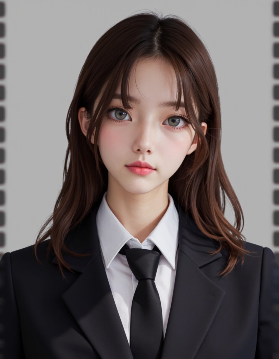 film grain, realistic, photorealistic, 1girl, solo, realistic, necktie, brown hair, shirt, suit, looking at viewer, formal, grey background, simple background, long hair, white shirt, collared shirt, lips, black necktie, grey eyes