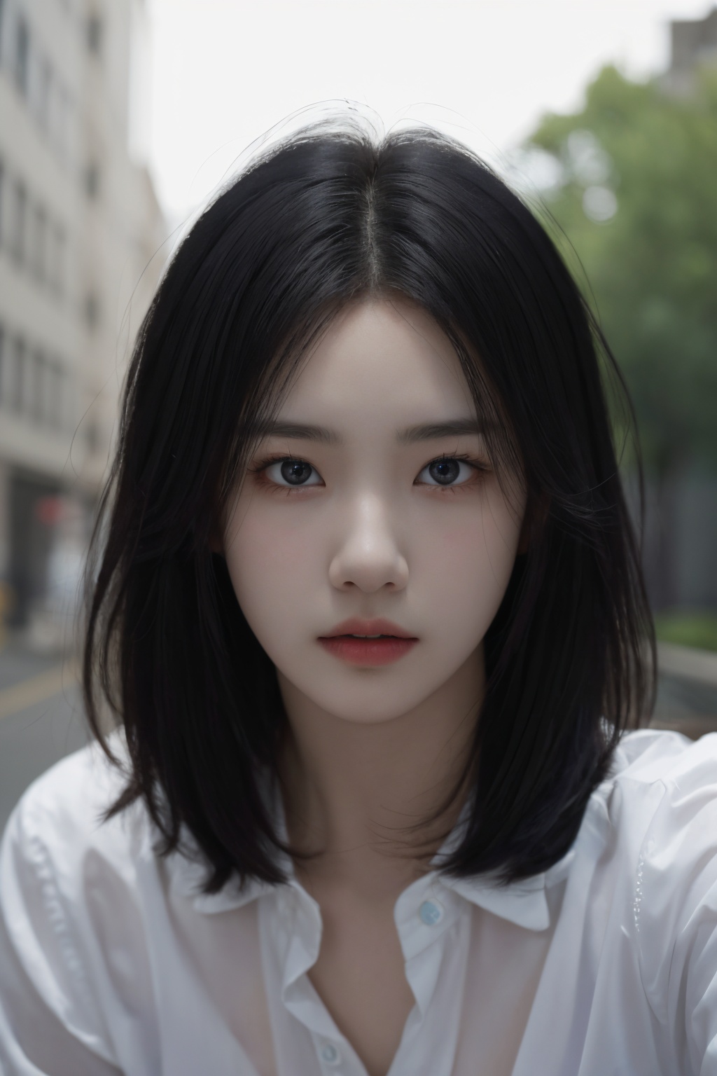 (4k, best quality, highres, absurdres, masterpiece:1.21),(realistic:1.331),detailed and intricate,1girl,(black hair:1.4),shirt,Realistic,Masterpiece,18 - year - old beautiful girl and monster,pearl -  eyes,extremely delicate facial depiction,heavy rain,crazy body movements,exaggerated perspective,poster,androgyny,fashion,dramatic lighting,strong tones,distortion style,32k UHD,chinese girls,