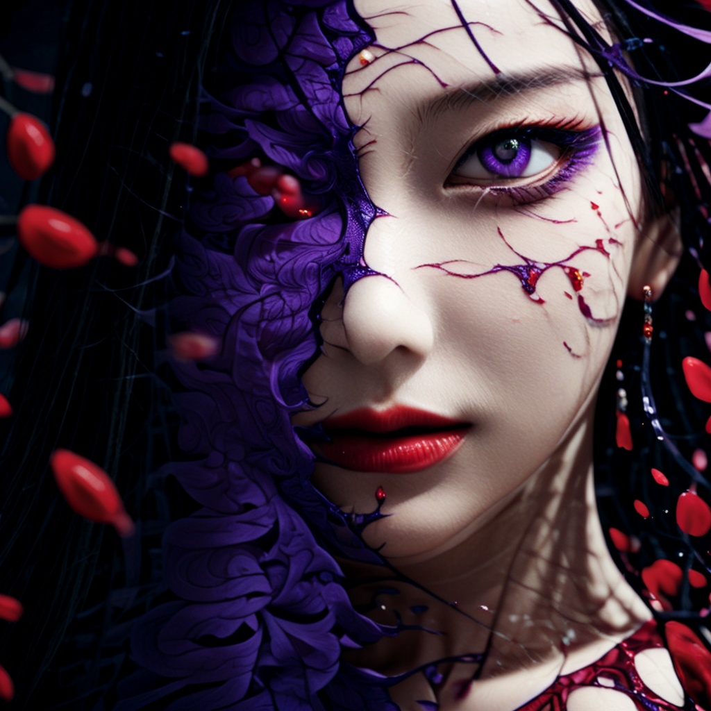 huapi, huapi girl, monster girl, huapighost, 1girl, solo, black hair, purple eyes, petals, eyelashes, portrait, long hair, flower, looking at viewer, lips, red lips, eye focus, red flower, jewelry, blurry, lipstick, rose, earrings, nose, parted lips<lora:LCM_LoRA_Weights_SD15:1>,<lora:NewHuapi:1>,