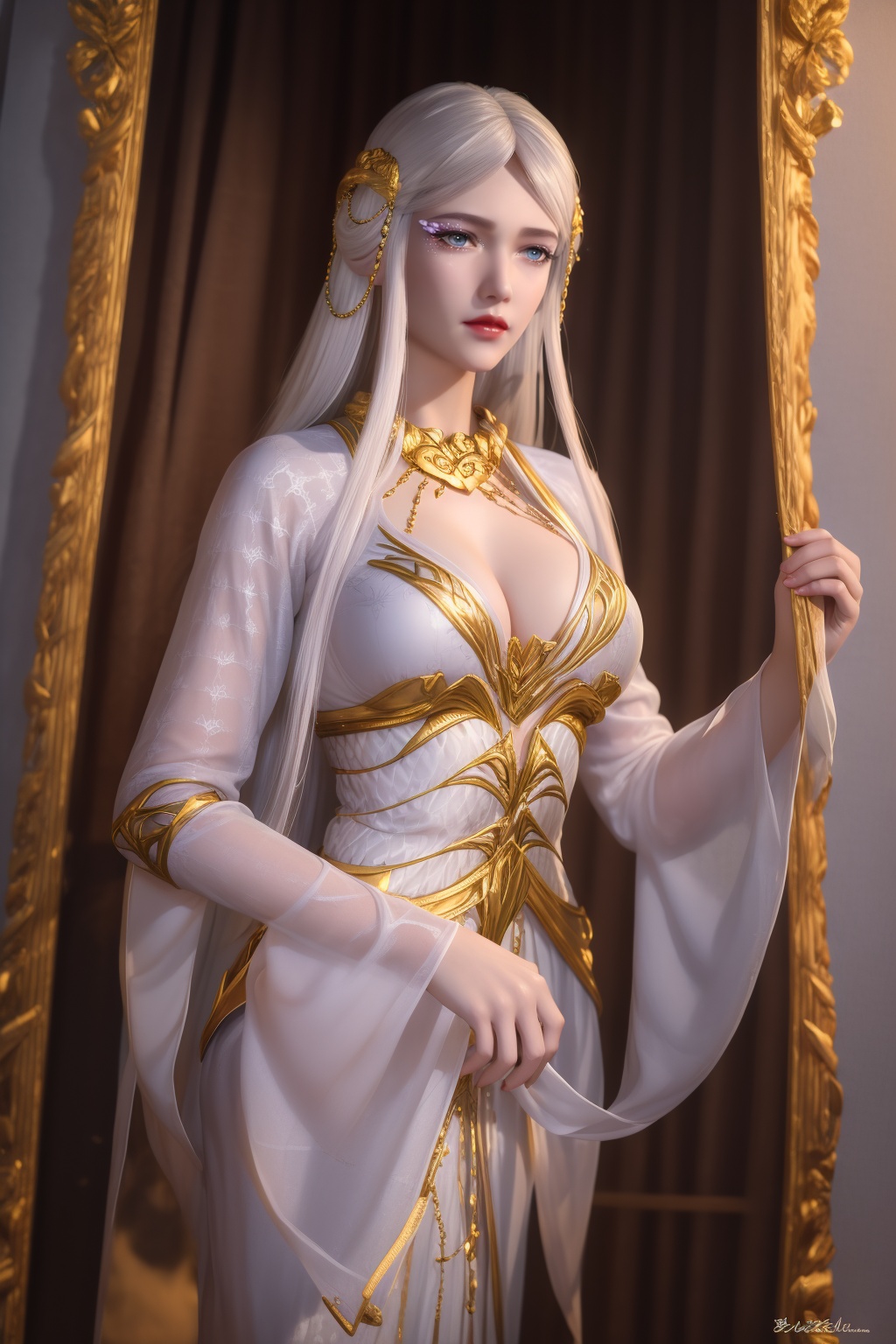 ltra realistic 8k cg, flawless, clean, masterpiece, professional artwork, famous artwork,cinematic lighting, cinematic bloom, perfect face, beautiful face,shenfengBaiLong,1girl, solo,red lips,jewelry,smile, dress,white dress,bangs,circlet,eyelashes,eyeshadow,wide sleeves,standing, long hair, white hair,gold chain,makeup,necklace,looking at viewer,hair ornament,breasts,large breasts,cleavage,hiqcgbody,<lora:shenfengBaiLong_20231217162206-000004:0.7>,