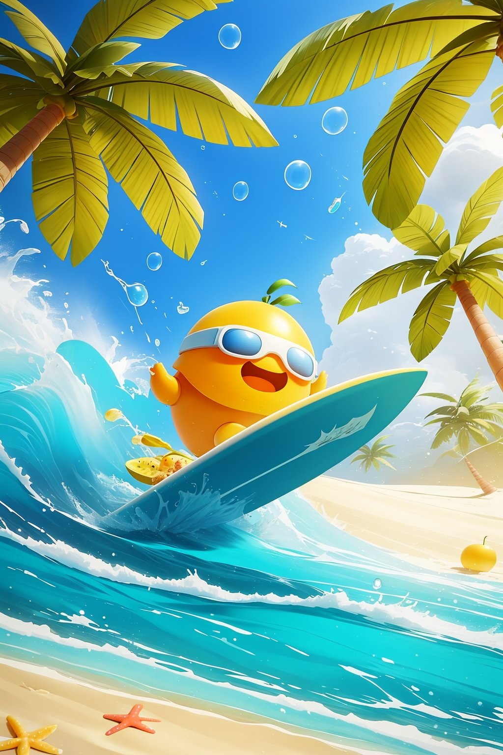 Mangoes,surfboards,coconut trees,bubbles,beach,blue sky,depth of field,bubbles,fish,horizon,leaves,ocean,Open Mouth,outdoors,palm trees,plants,potted plants,sand,clouds,trees,water drops,Masterpiece,16k,<lora:冲浪芒果:0.6>,