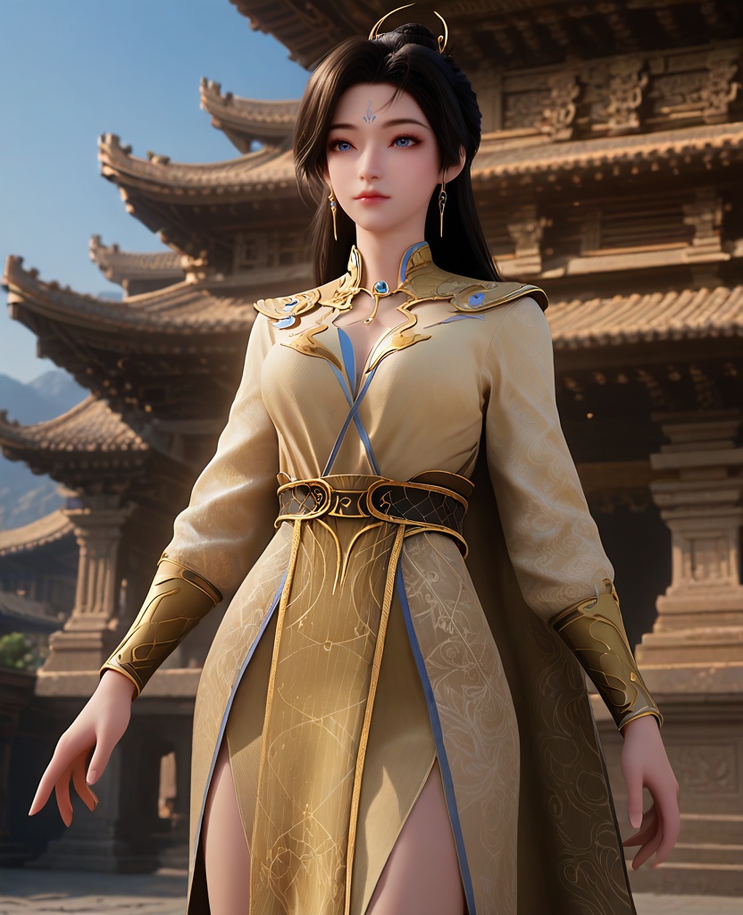 (oriental architecture, elegant decor, sophisticated style:1.1),(arms at her side:1.1),(breasts:1.2),<lora:XL16遮天薇薇:0.95>,miss weiwei,beige dress,blue eyes,forehead mark,black hair,long hair,hair ornament,earrings,jewelry,belt,cape,wrist support,pelvic curtain,, score_9,score_8_up,score_7_up,score_6_up,score_5_up,score_4_up,3d rendering,tag1,tag2, Cinematic Lighting,backlighting,