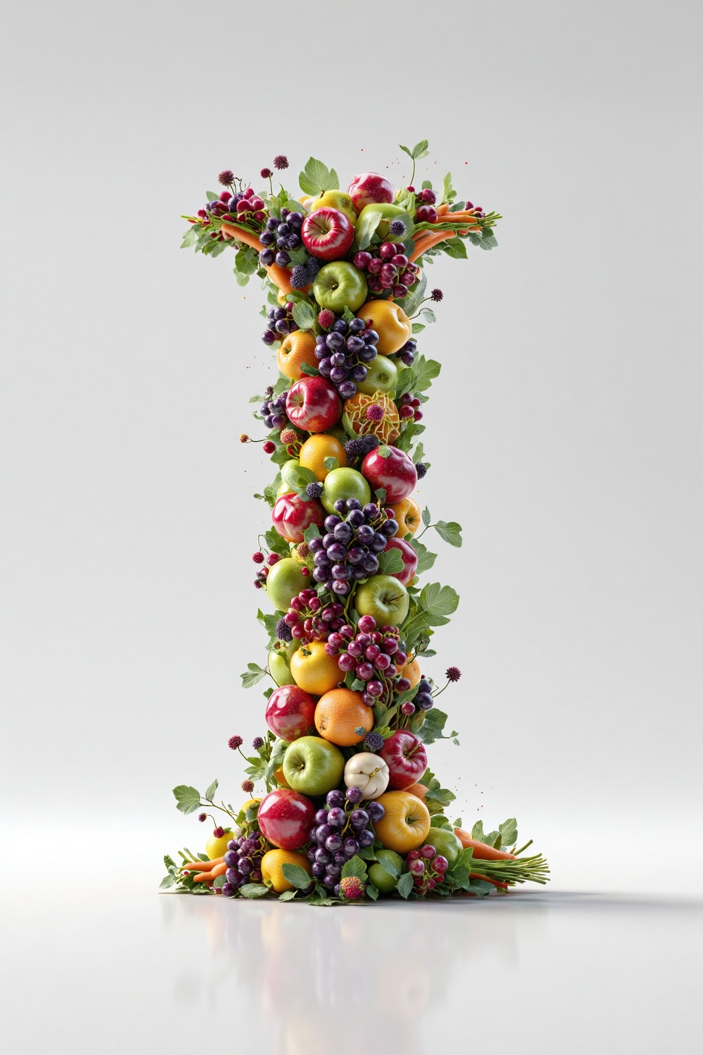 beijihui,3D icon design of letter 'I',**** of a vibrant assortment of fruits and vegetables--glossy apples,textured carrots,dewy grapes--arranged in a cohesive form,hyperrealistic,hyperdetail,front view,studio lighting,100mm lens,white solid background,
