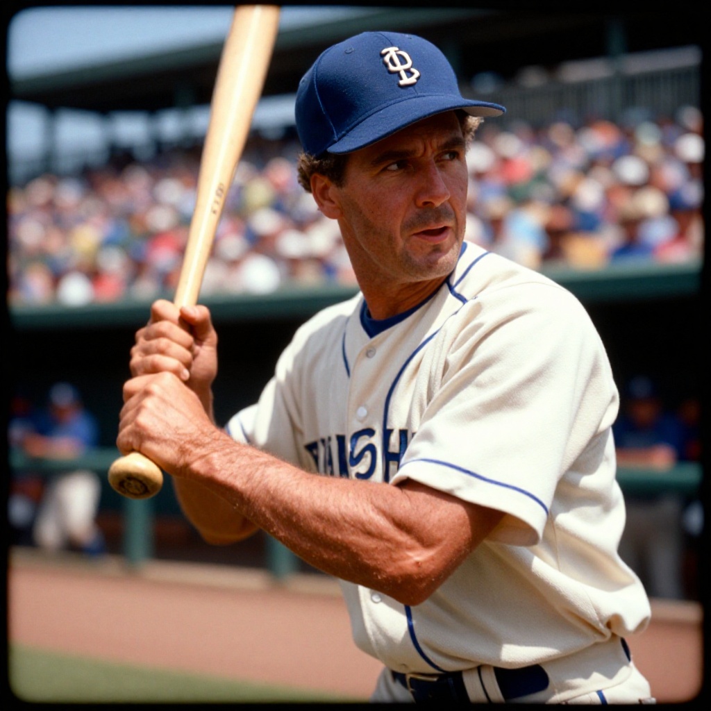 analog film photo of vintage cinematic style,  daylight cinematic technicolor style a baseball player holding a bat in fro...