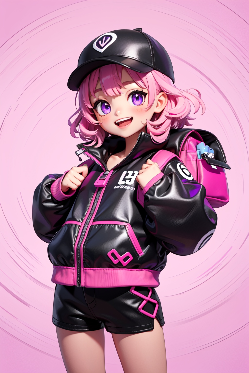 ( 1girl is happy and laughing) ((Pure purple and pink background:1.2)),A girl ready for a day of gaming,her dark curly hair adorned with a cap,carries a loaded backpack. Her black jacket and shorts combination is complemented by gaming motifs,suggesting a dedicated gamer lifestyle.,, masterpiece,best quality,very aesthetic,absurdres,