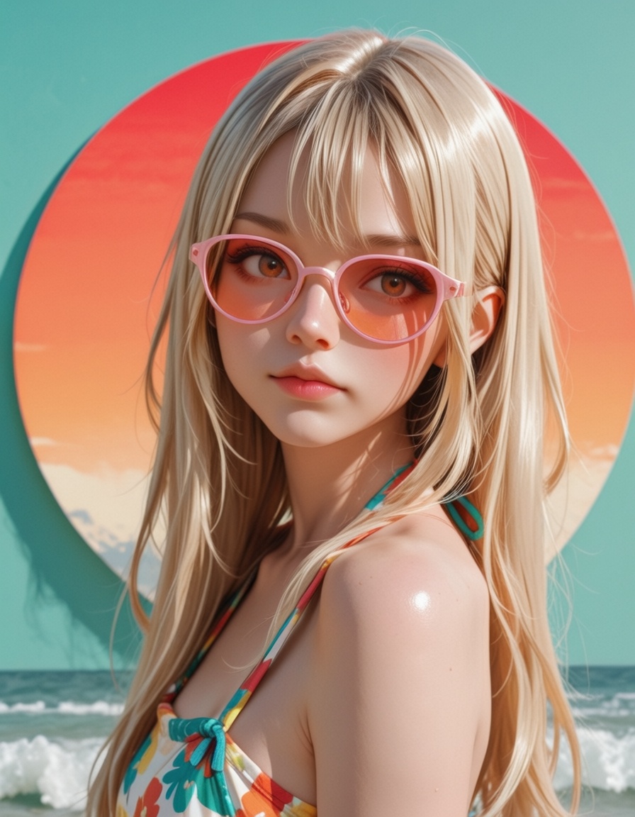 a portrait of a young woman posing in a colorful swimsuit. She is standing with her back to the camera,  facing the camera...