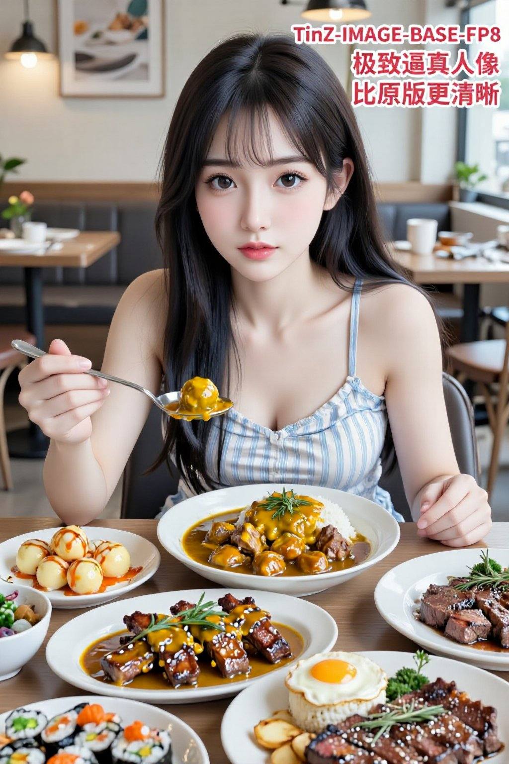 一位大约18岁的年轻亚裔女性坐在桌旁，面向观众。她留着齐刘海的黑色长发，皮肤白皙，眼神温柔，一双明亮的大眼睛格外引人注目。她穿着一件浅蓝色和白色条纹的无袖上衣，里面是一件细肩带背心。她容貌姣好，皮肤白皙，手上拿着一把盛满食物的勺子。桌上摆满了各种美味佳肴，包括咖喱鸡饭、芝士球、芝士排骨、芝士蛋糕、牛排、寿司等等。背景是一家餐厅，这是一张人像照片。图片右上角标注，第一行“TinZ-IMAGE-BASE-FP8”；第二行“极致逼真人像”；第三行“比原版更清晰”；红色文字带白色边框，文字右边对齐。 <lora:20260210_TinZIACLora:0.7>