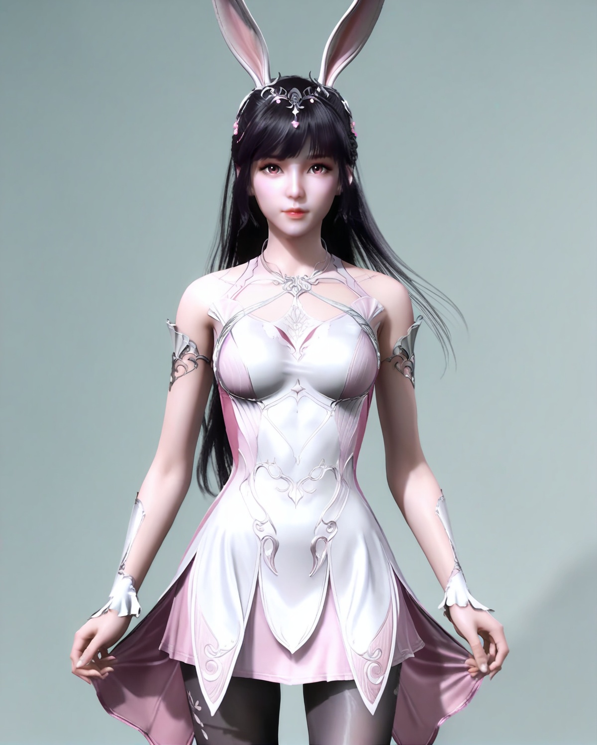 air_skin,white_skin,score_9,<lora:SF_XiaoWu_Pony_Realism-000004:0.7>,pink dress,black hair,long hair,hair ornament,rabbit ears,bangs,shiny,1girl,breasts,medium breasts,standing,pantyhose,solo,looking at viewer,simple background,cowboy_shot,