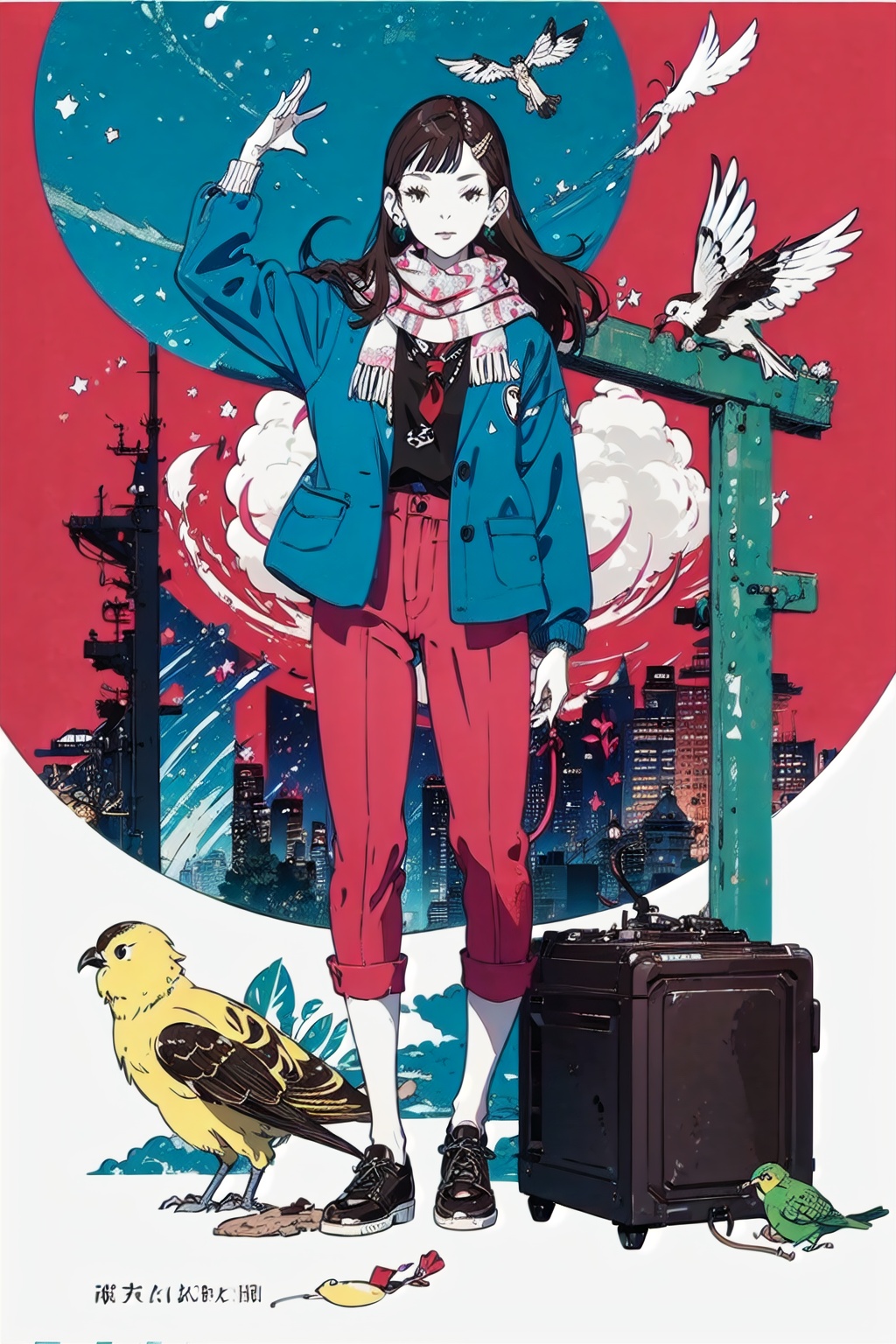 pants,shoes,jacket,white ascot,ascot,shirt,necktie,multiple boys,bangs,fruit,magatama,jewelry,long sleeves,food,brown hair,standing,pointing,apple,closed mouth,sidelocks,formal,suit,open clothes,long hair,earrings,outstretched arm,forehead,whip,book,sun,bug,sparkle,black eyes,open book,green jacket,red jacket,rope,clock,scarf,full body,necklace,gem,smile,arm up,happy,hand up,magatama necklace,open jacket,red background,guitar,piano,mole,butterfly,building,bird,crescent,(simple background:1.2),(looking_at_viewer:1.2),front view,full_shot,solo,<lora:NakamuraV2:1>,, masterpiece,best quality,highres,ultra high res,(abstract art:1.2),2d,(highlydetailed),(colorful),(intenseexpression),(fashionable),